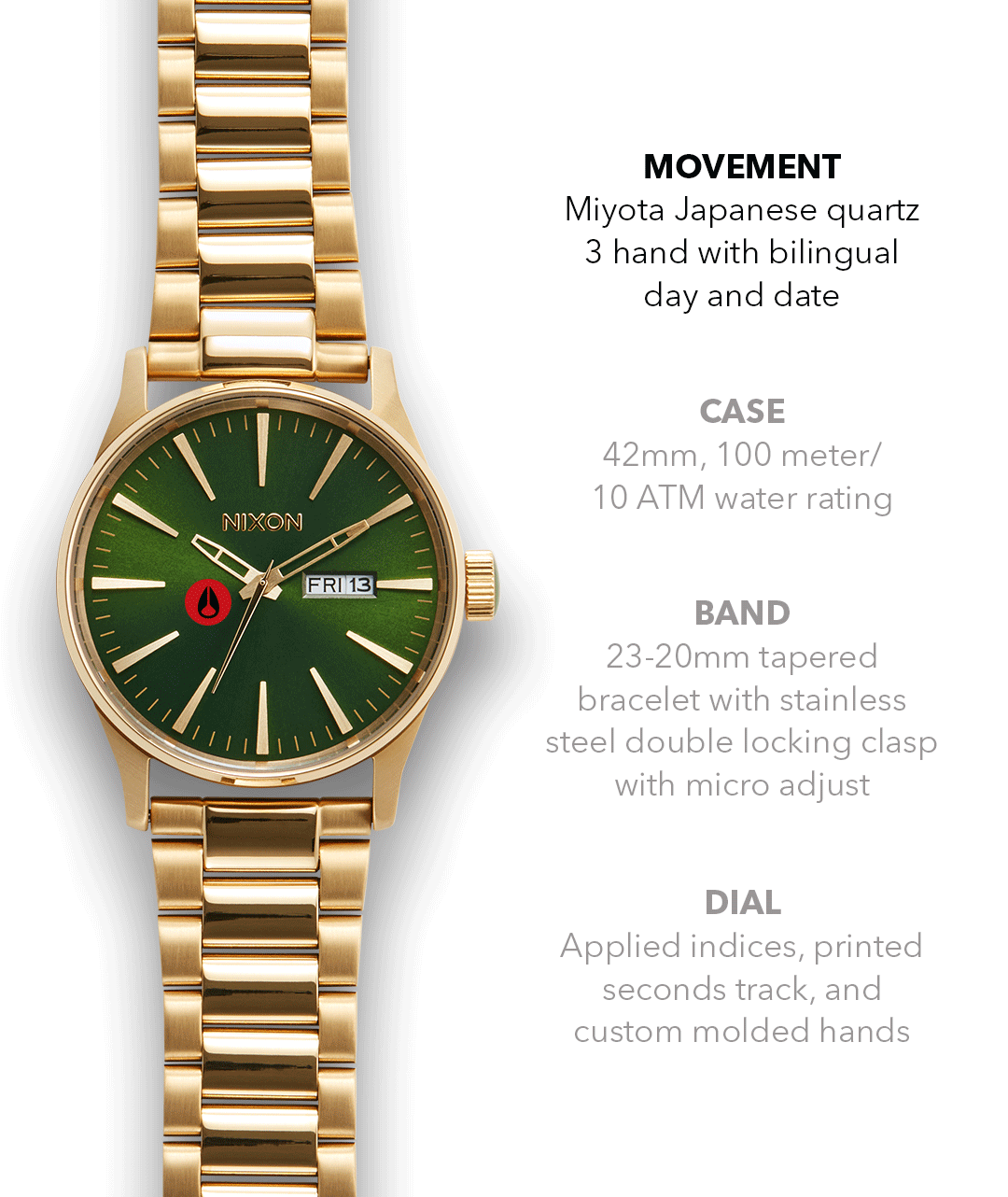 Sentry Stainless Steel Watch | Gold / Green Sunray | Men's 