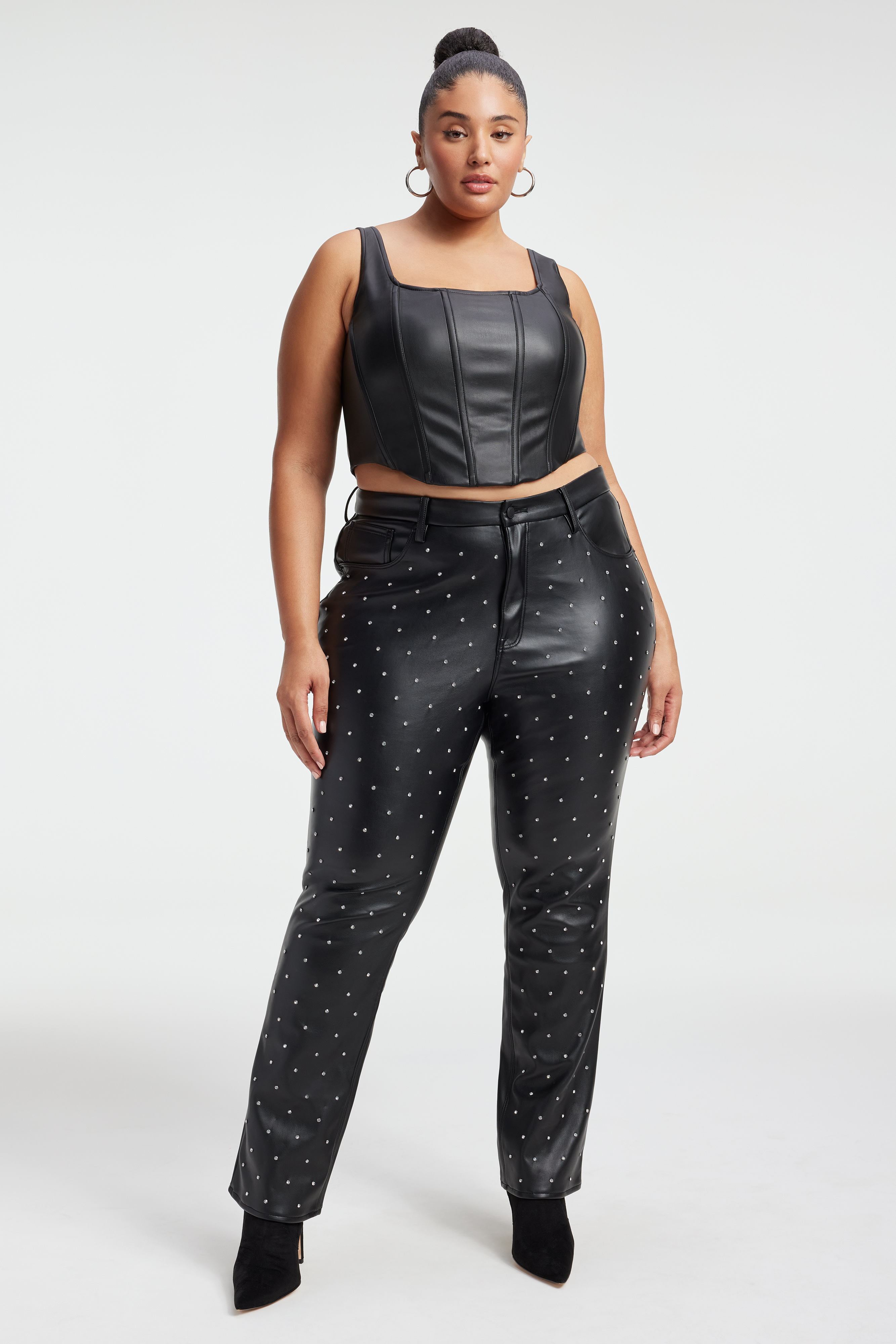 GOOD ICON FAUX LEATHER WITH DIAMONDS in BLACK001 styled with our FAUX LEATHER CORSET in BLACK001, MESH CORSET BODYSUIT in BLACK001, or FAUX LEATHER SHELL TANK in BLACK001