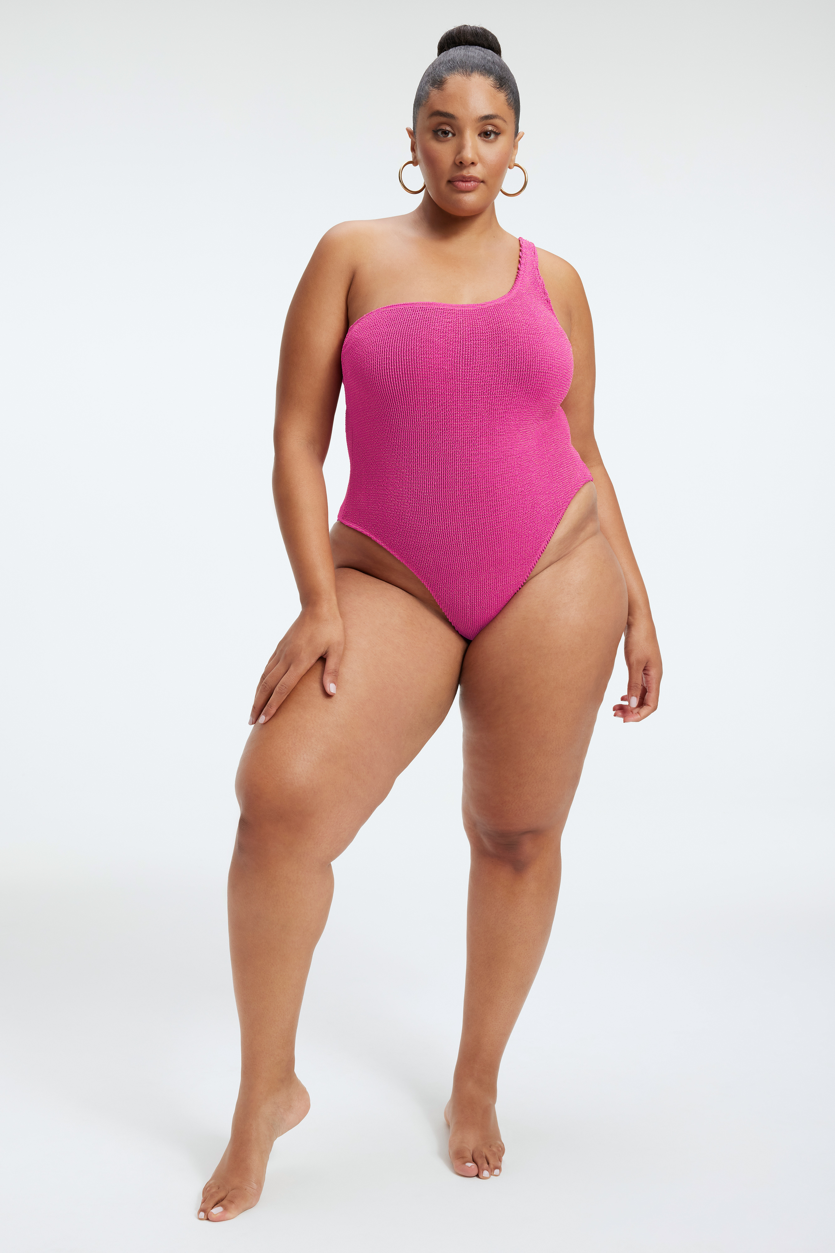 ALWAYS FITS METALLIC SHOULDER ONE-PIECE in FUSCHIA PINK001 styled with our ALWAYS FITS METALLIC SCULPT DRESS in FUSCHIA PINK001, or ALWAYS FITS METALLIC MINI SKIRT in FUSCHIA PINK001