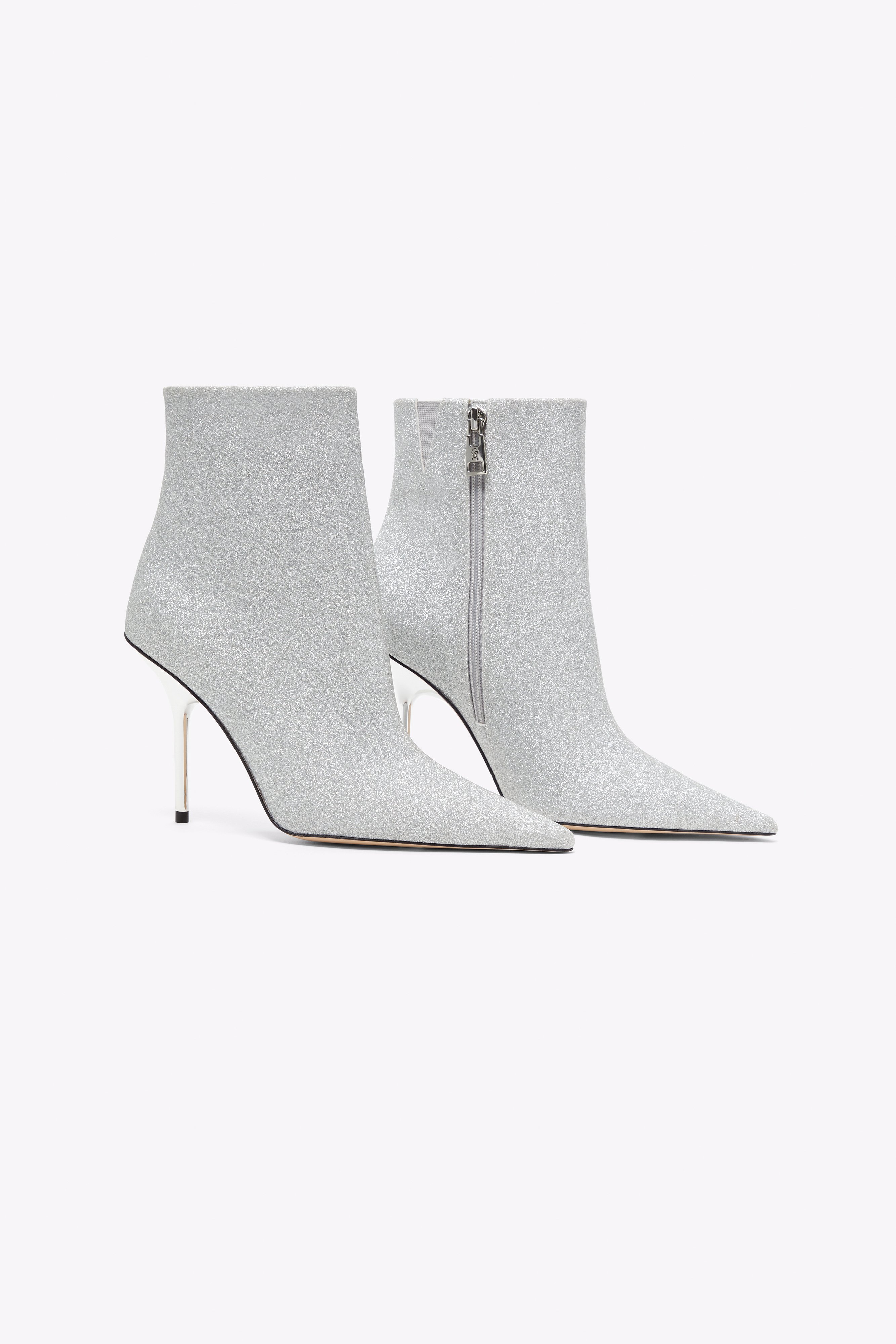 CLASSIC GLITTER HEEL BOOTIE in SILVER GLITTER styled with our EMBELLISHED TEE in WHITE001, CRYSTAL GOOD SHIRT in WHITE001, or GOOD '90s JEANS in INDIGO415