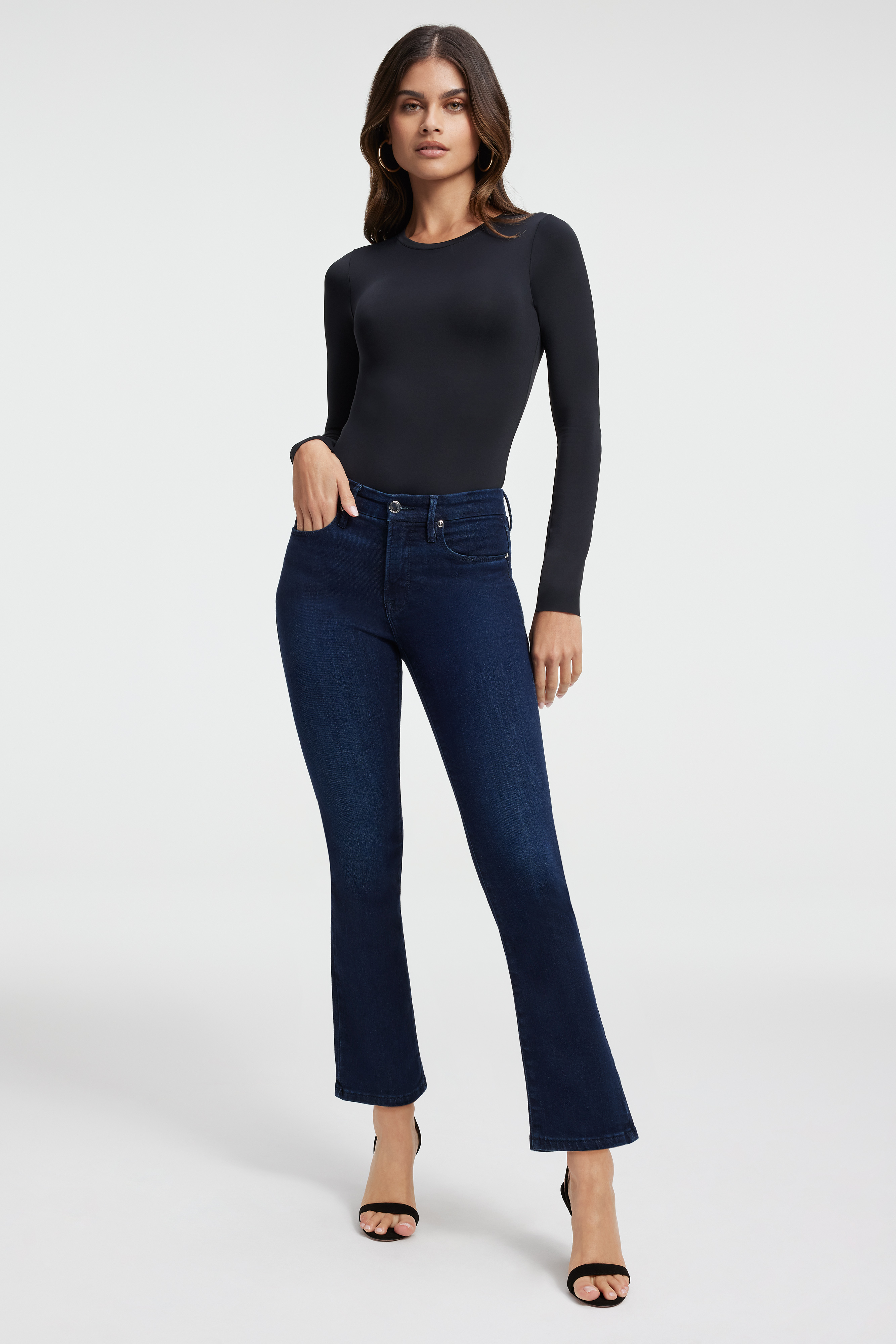 GOOD LEGS STRAIGHT JEANS in BLUE224 styled with our SCUBA CREWNECK BODYSUIT in BLACK001, SCUBA SHORT SLEEVE BODYSUIT in BLACK001,