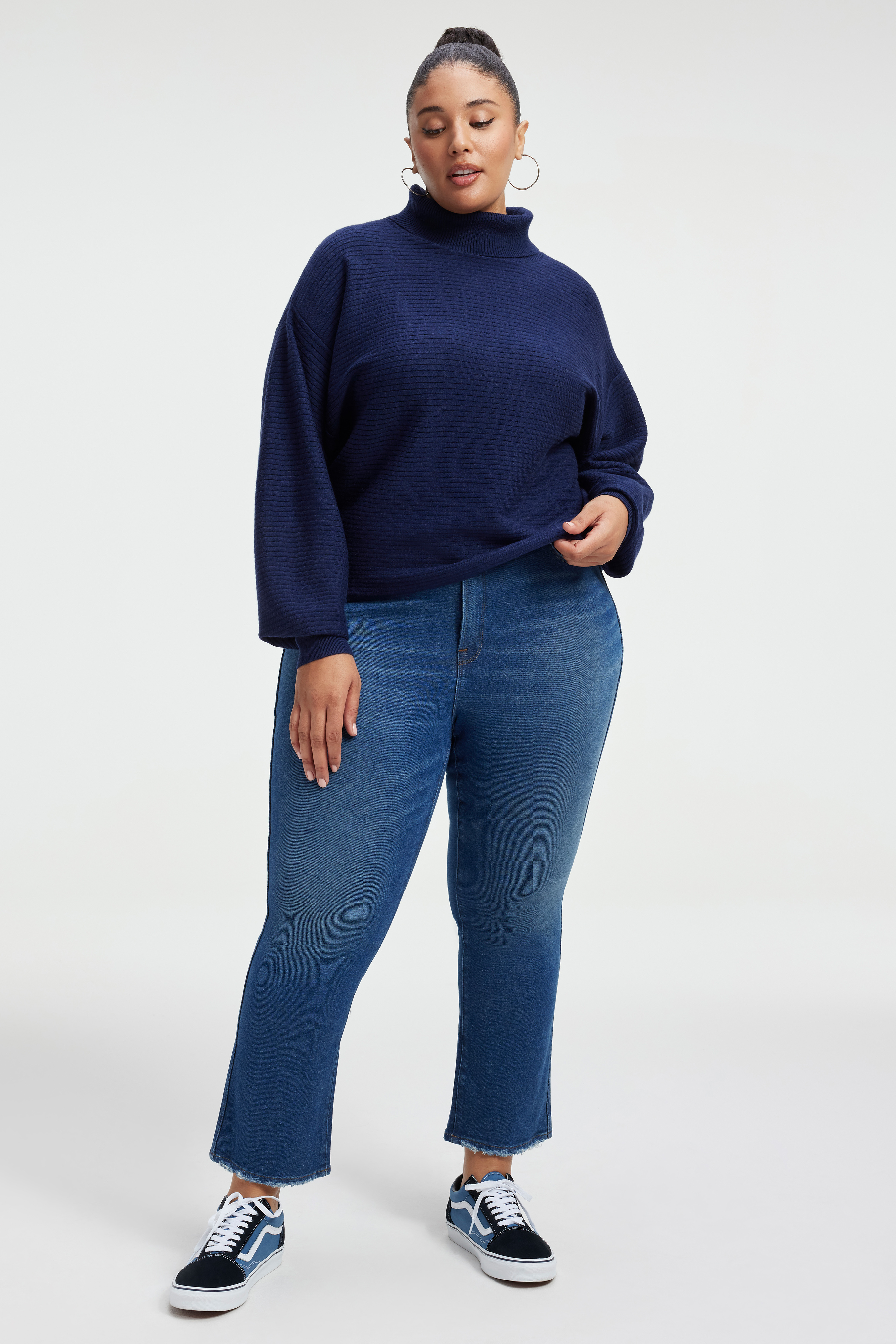MOCKNECK SWEATER in BLUE RINSE styled with our ALWAYS FITS GOOD LEGS CIGARETTE JEANS in INDIGO446, GOOD LEGS in BLUE004, or GOOD LEGS STRAIGHT JEANS in BLUE004