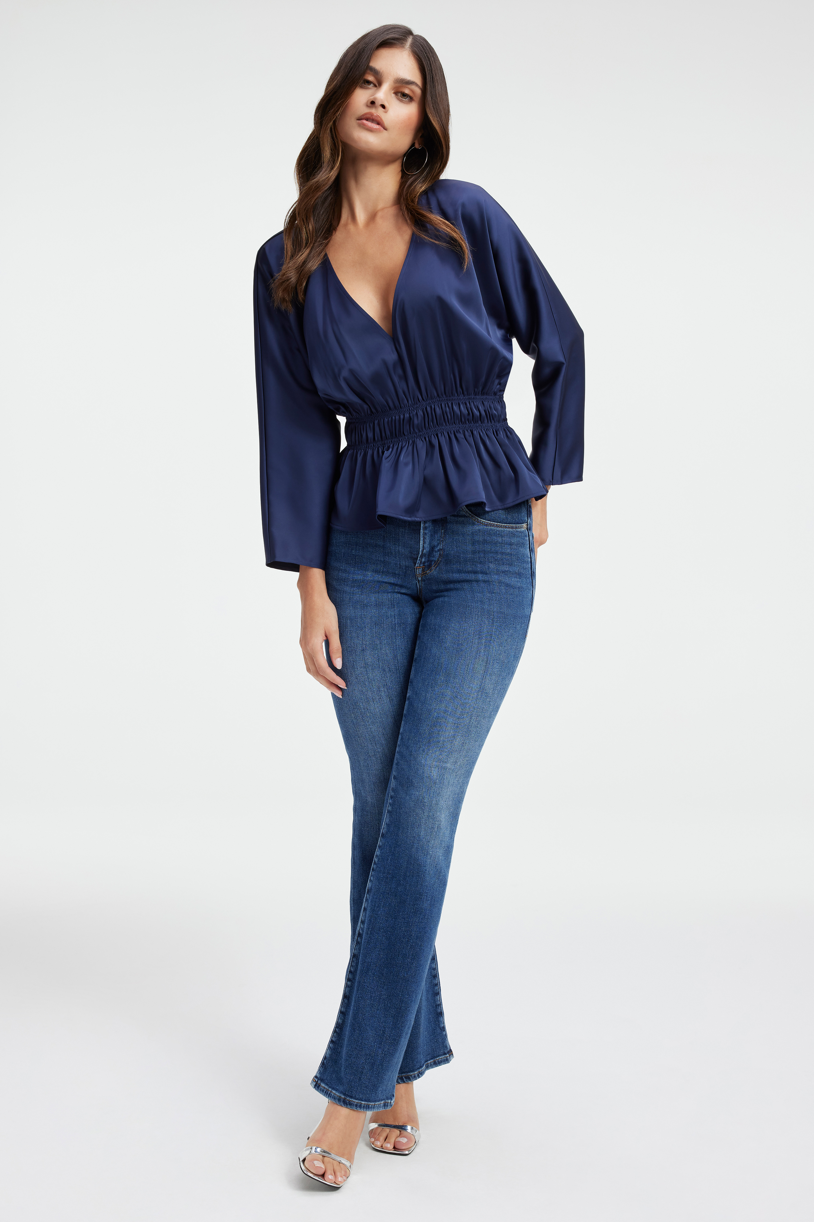 SATIN DEEP V-NECK TOP in BLUE RINSE styled with our GOOD LEGS STRAIGHT JEANS in BLUE007, POWER STRETCH PULL-ON STRAIGHT JEANS in INDIGO491, or GOOD LEGS STRAIGHT JEANS in INDIGO332