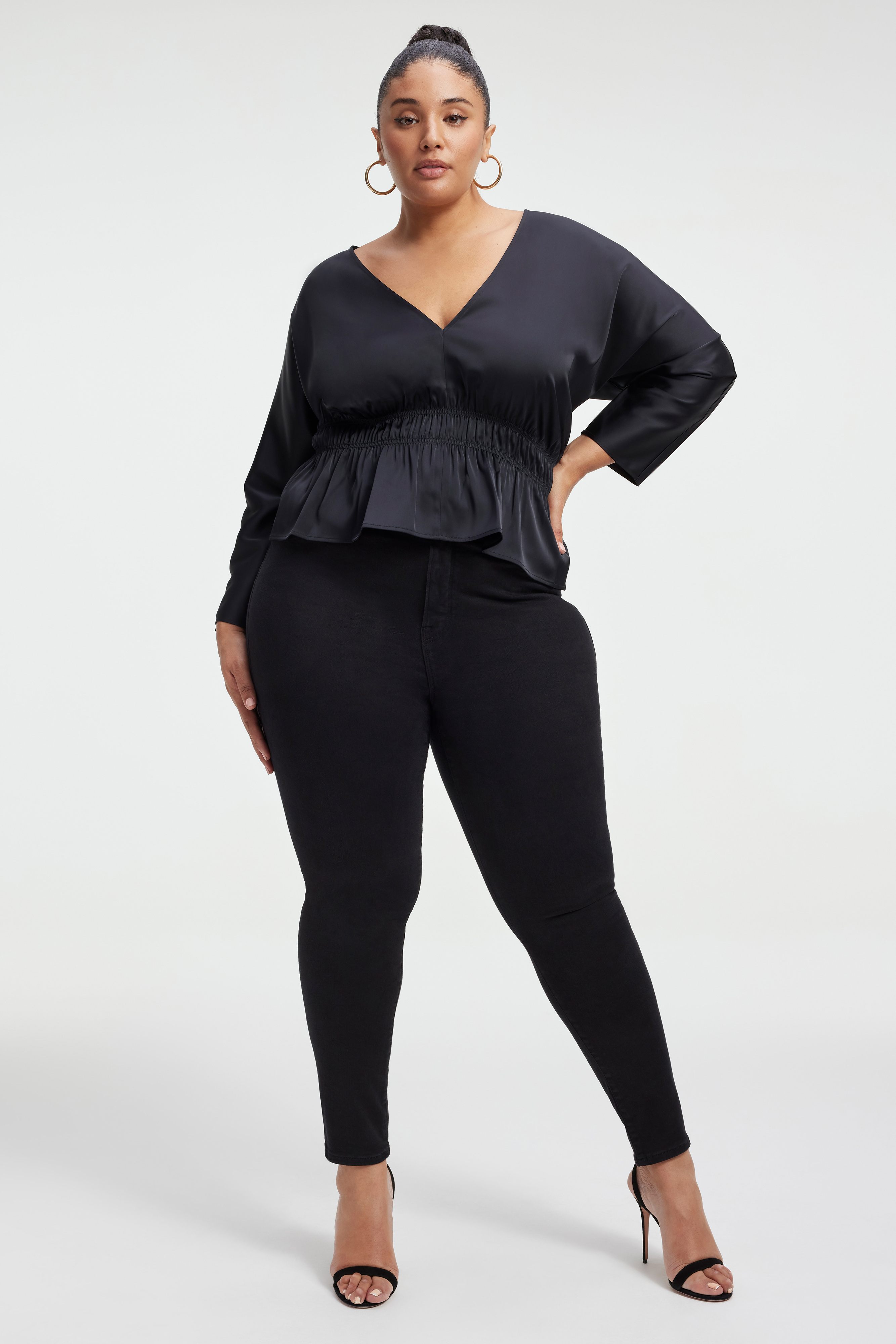 SATIN DEEP V-NECK TOP in BLACK001 styled with our GOOD LEGS in BLACK001, GOOD WAIST CROP JEANS in BLACK216, or POWER STRETCH PULL-ON SKINNY JEANS in BLACK001