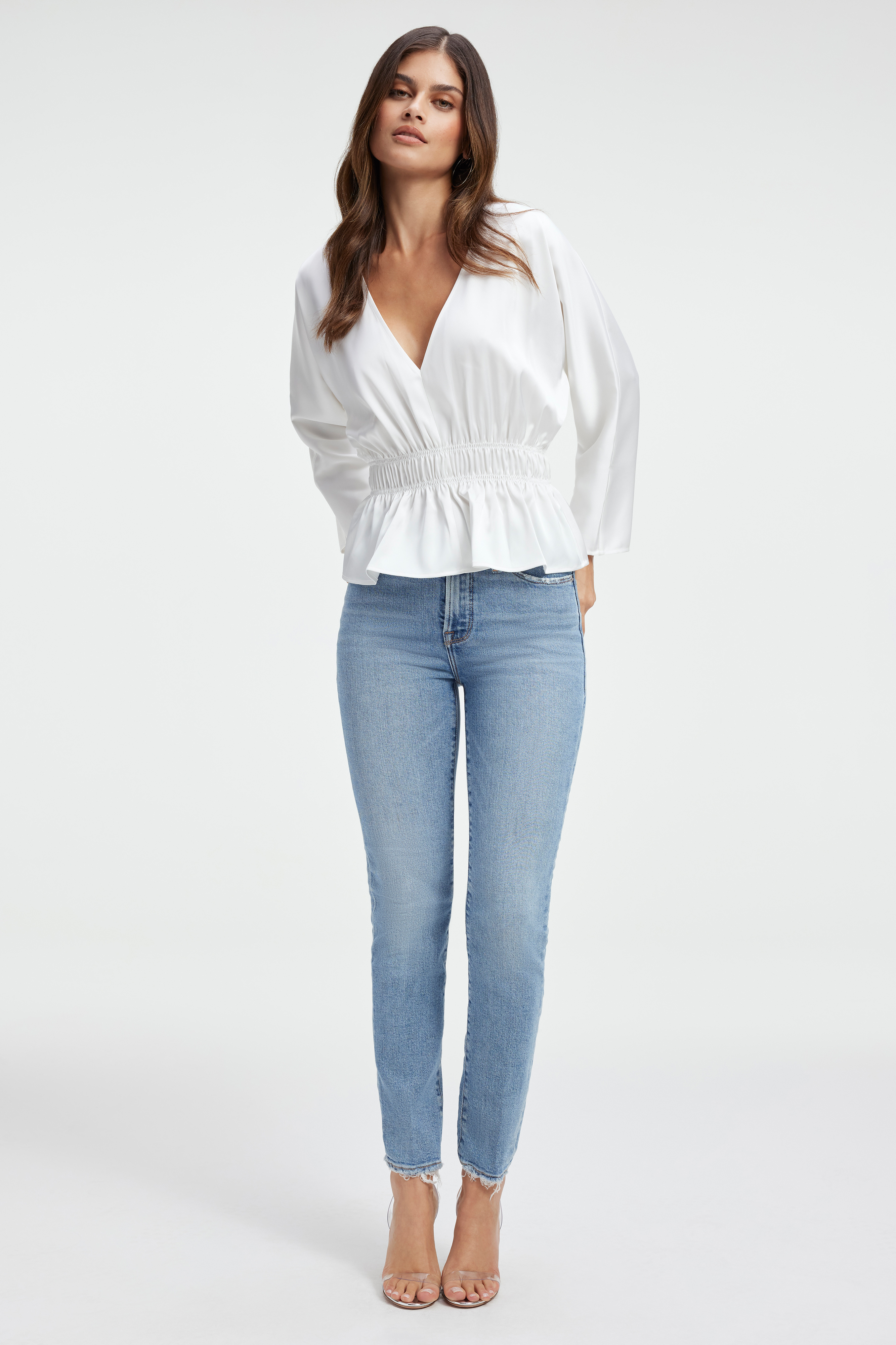 SATIN DEEP V-NECK TOP in IVORY001 styled with our THE WEEKENDER JEANS in BLUE864, GOOD CLASSIC SLIM STRAIGHT JEANS in BLUE508, or GOOD CURVE SKINNY JEANS in BLUE861