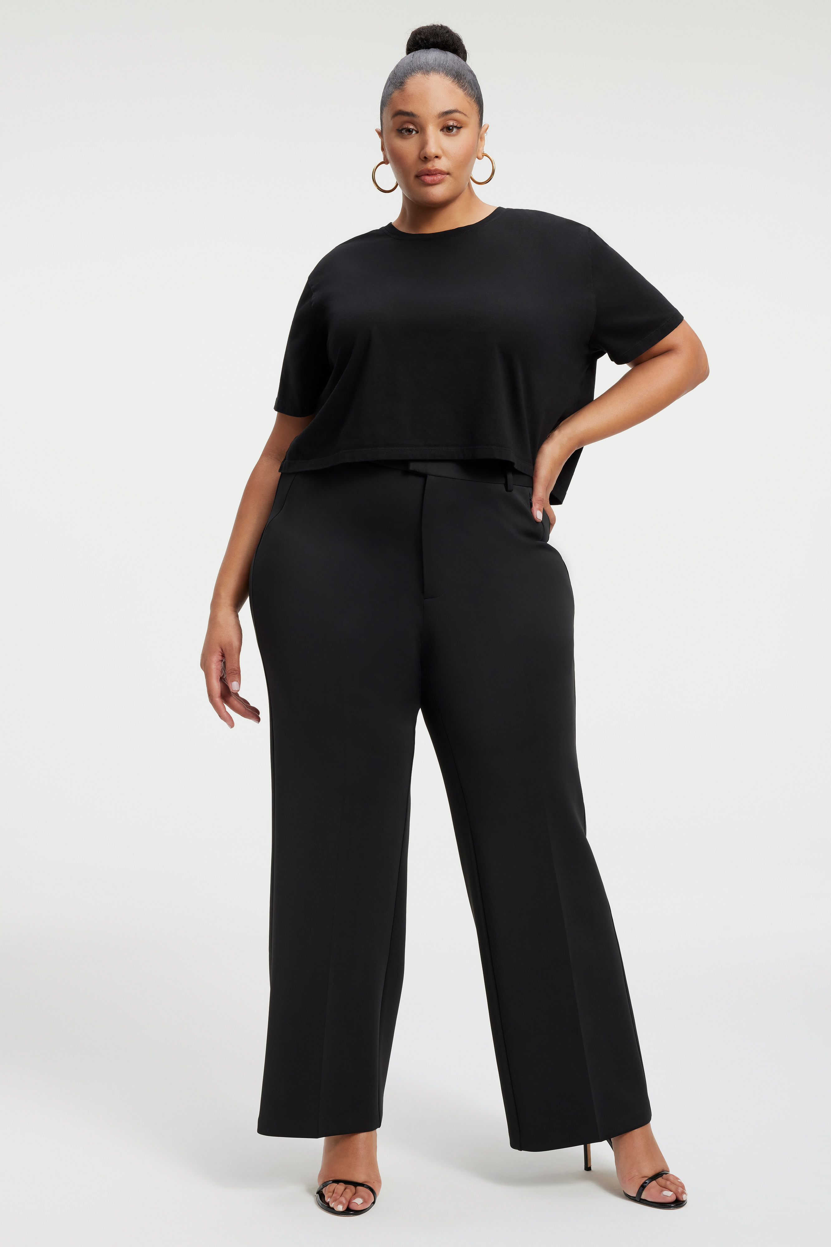 SCUBA TROUSERS in BLACK001 styled with our COTTON CROPPED TEE in BLACK001, SCUBA V-NECK BODYSUIT in BLACK001, or SHINY SCUBA CROPPED BLAZER in BLACK001