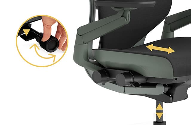 Silla de oficina Steelcase Gesture en Negro, foco en el asiento, mostrando la profundidad ajustable del asiento, sobre un fondo blanco.