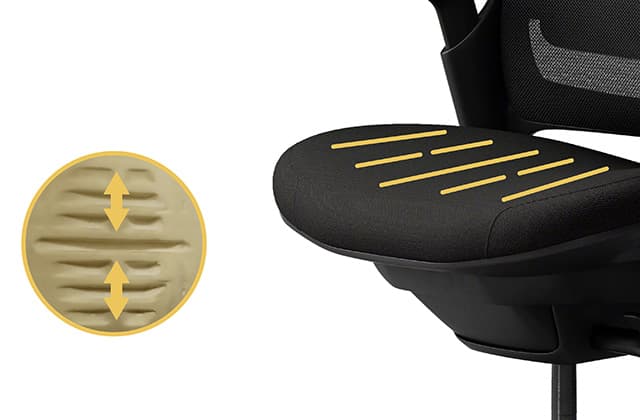 Silla de oficina Steelcase Serie 1 en Negro, foco en el asiento, mostrando el acolchado adaptable, sobre fondo blanco.