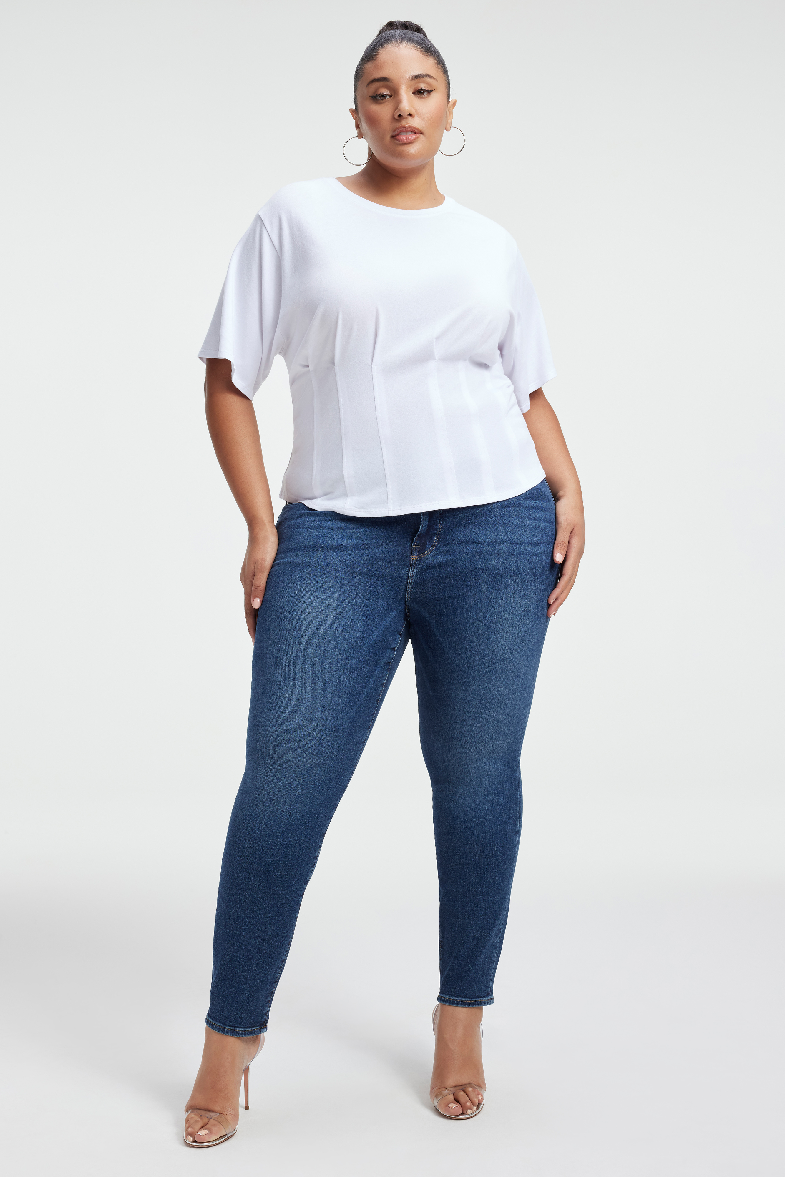 CORSET SHORT SLEEVE TEE in WHITE001 styled with our GOOD LEGS in BLUE004, GOOD LEGS STRAIGHT JEANS in BLUE004, or ALWAYS FITS GOOD LEGS in DEEP BLUE004
