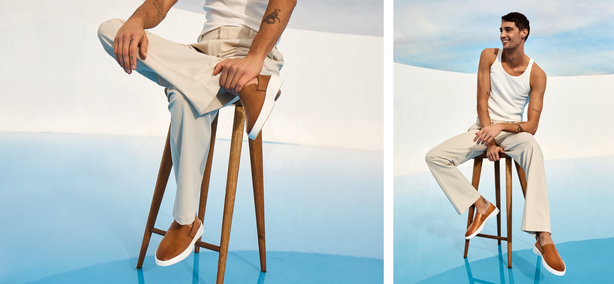 Two images side by side. Image on the left is shoulder down view of Man sitting wearing Men's shoes Cruise Slip on in Honey . Image on the right full body view of Man sitting wearing Men's shoes Cruise Slip on in Honey
