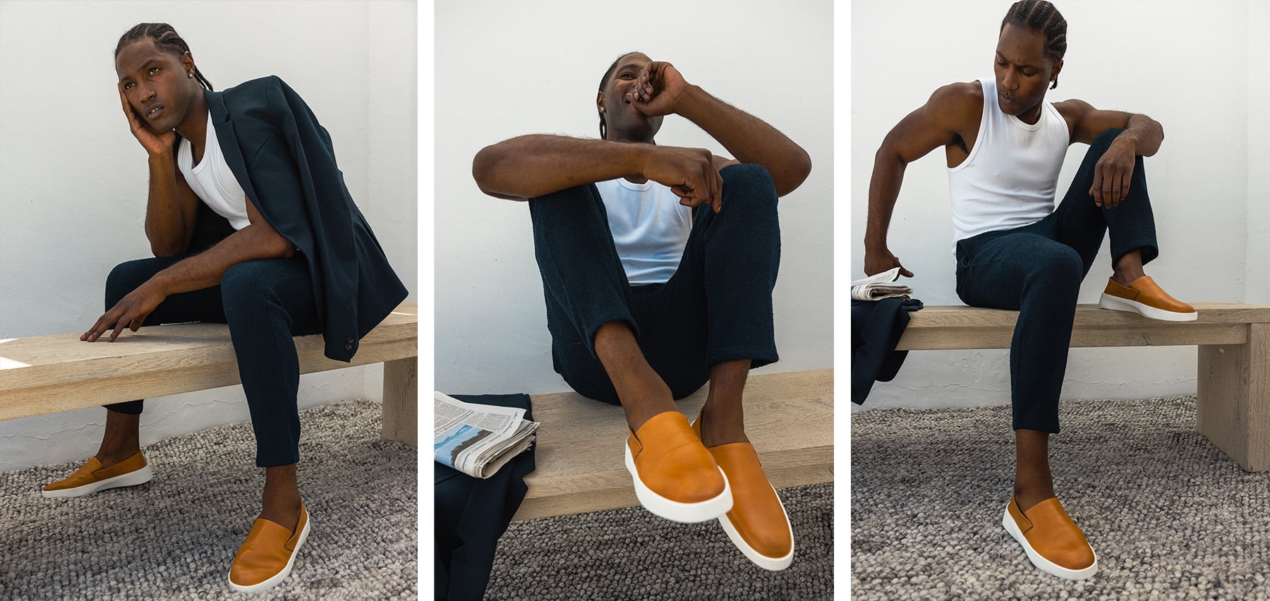 Three different shots of a man sitting on a bench wearing Men's Shoe Cruise Slip on Honey
