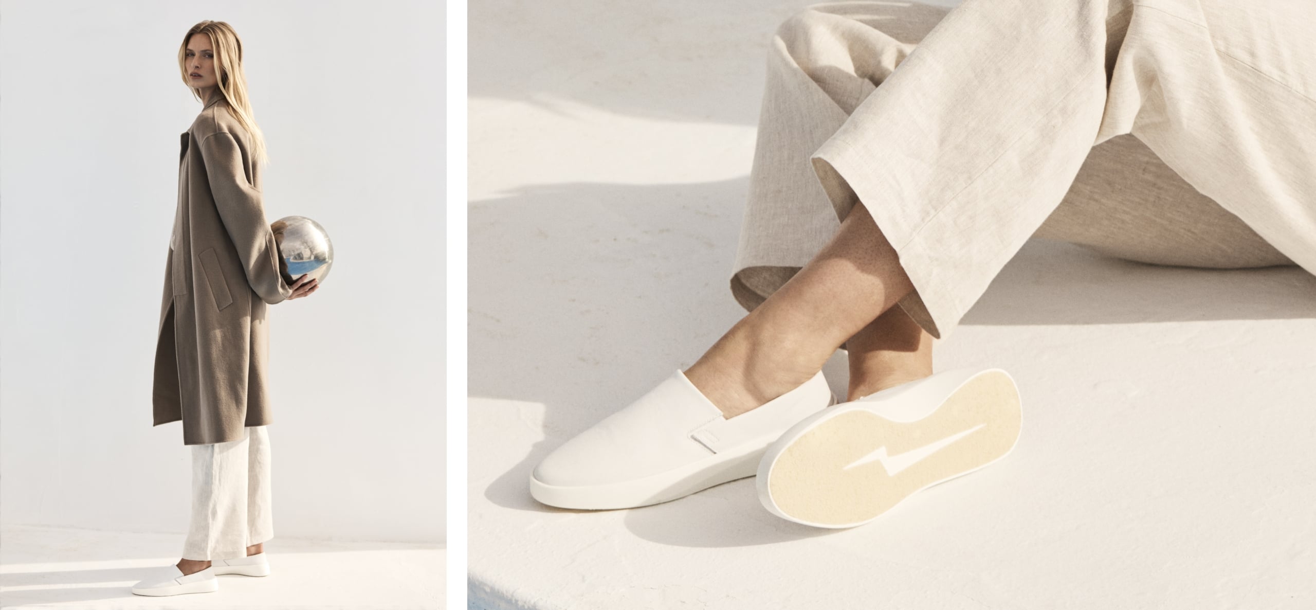 2 images side by side. Left image : Full body view of woman standing holding a mirror ball wearing Women's Shoe Cruise Slip On in White . Right Image : Knee down view of Women's Shoe Cruise Slip On in Honey .