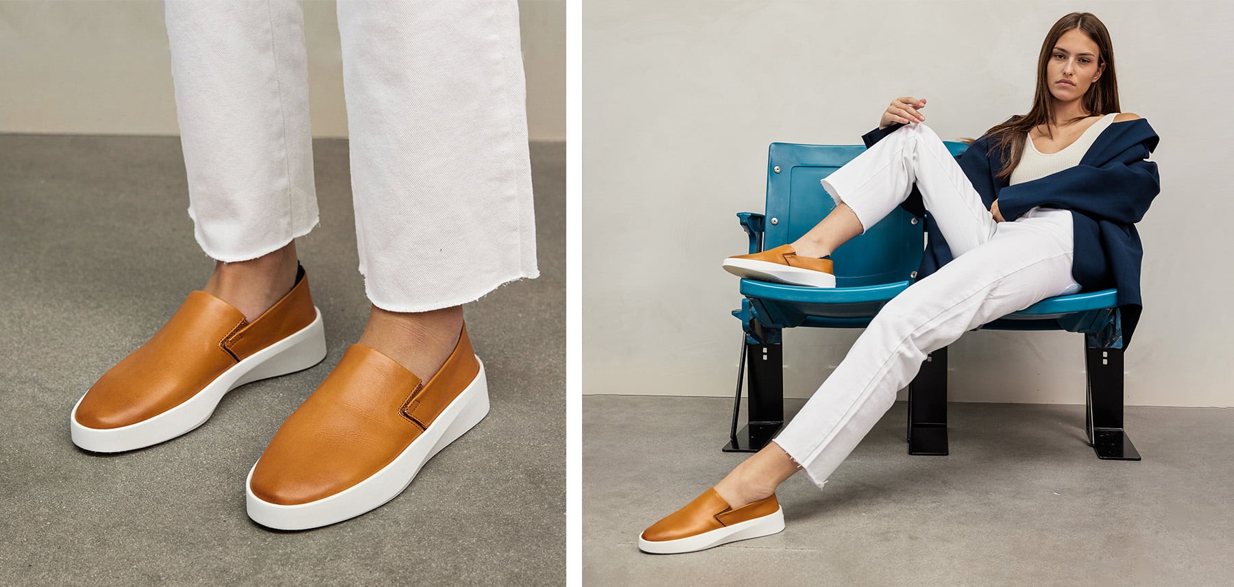 2 images side by side. Left image : Knee down view of Women's Shoe Cruise Slip On in Honey . Right Image : Full body view of Woman sitting on bench wearing Women's Shoe Cruise Slip On in Honey