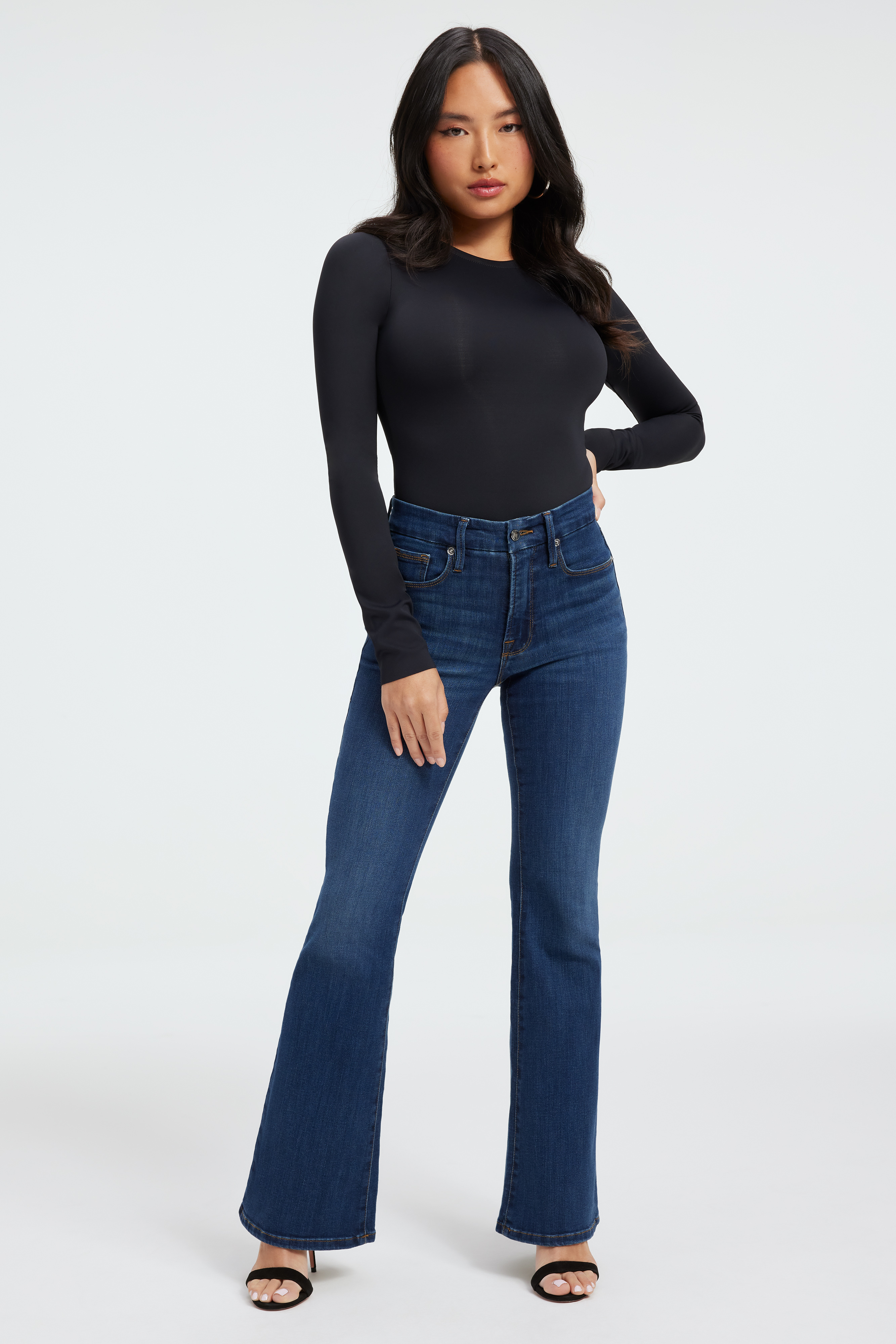 Styled with GOOD PETITE FLARE JEANS | BLUE004