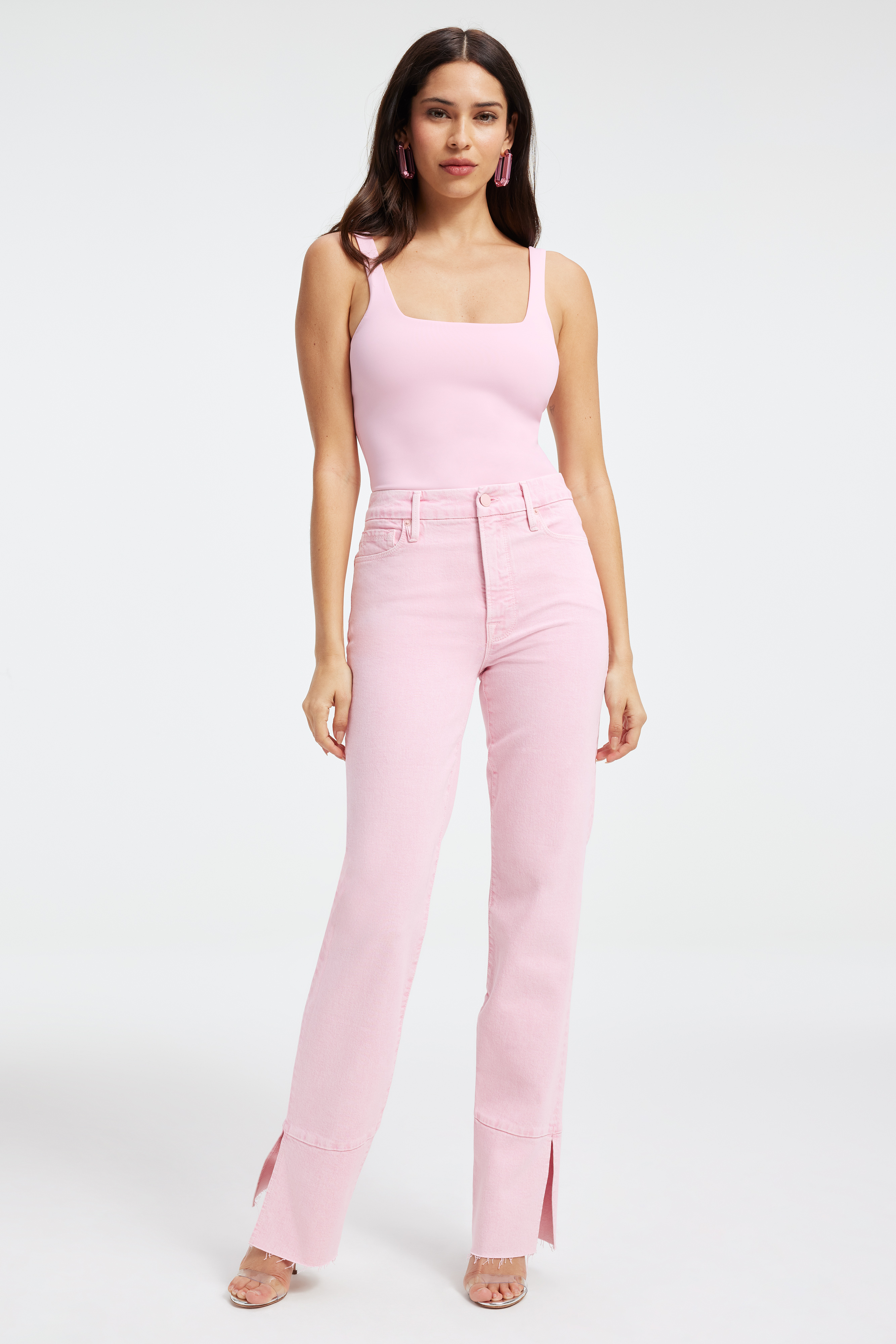 SCUBA MODERN TANK BODYSUIT in ROSEQUARTZ001 styled with our GOOD BOY JEANS in MINERALROSEQUARTZ001, GOOD LEGS CIGARETTE JEANS in MINERALROSEQUARTZ001, or GOOD LEGS FLARE JEANS in MINERALROSEQUARTZ001