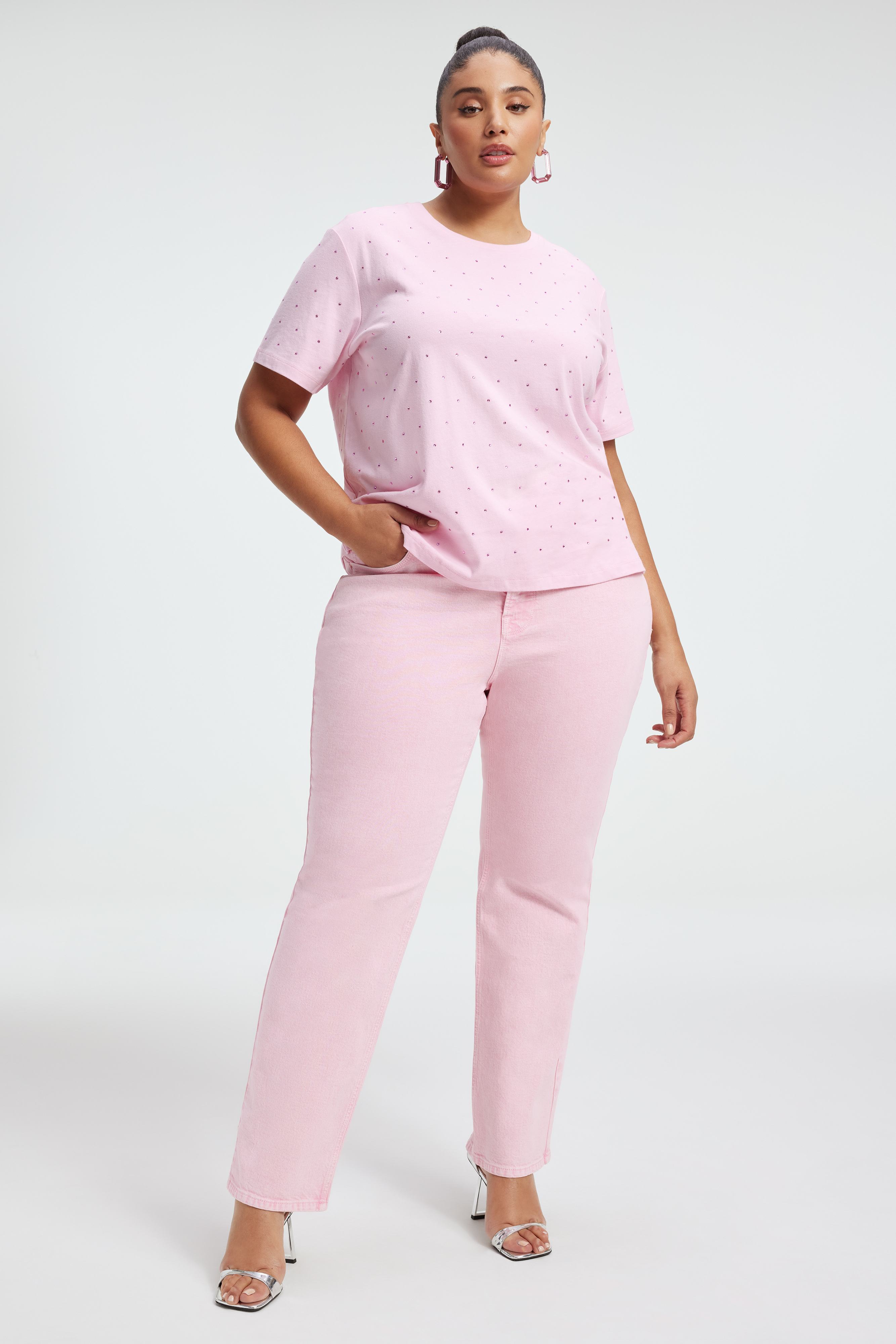 EMBELLISHED TEE in ROSEQUARTZ001 styled with our GOOD BOY JEANS in MINERALROSEQUARTZ001, GOOD 90s JEANS in MINERALROSEQUARTZ001, or GOOD LEGS CIGARETTE JEANS in MINERALROSEQUARTZ001