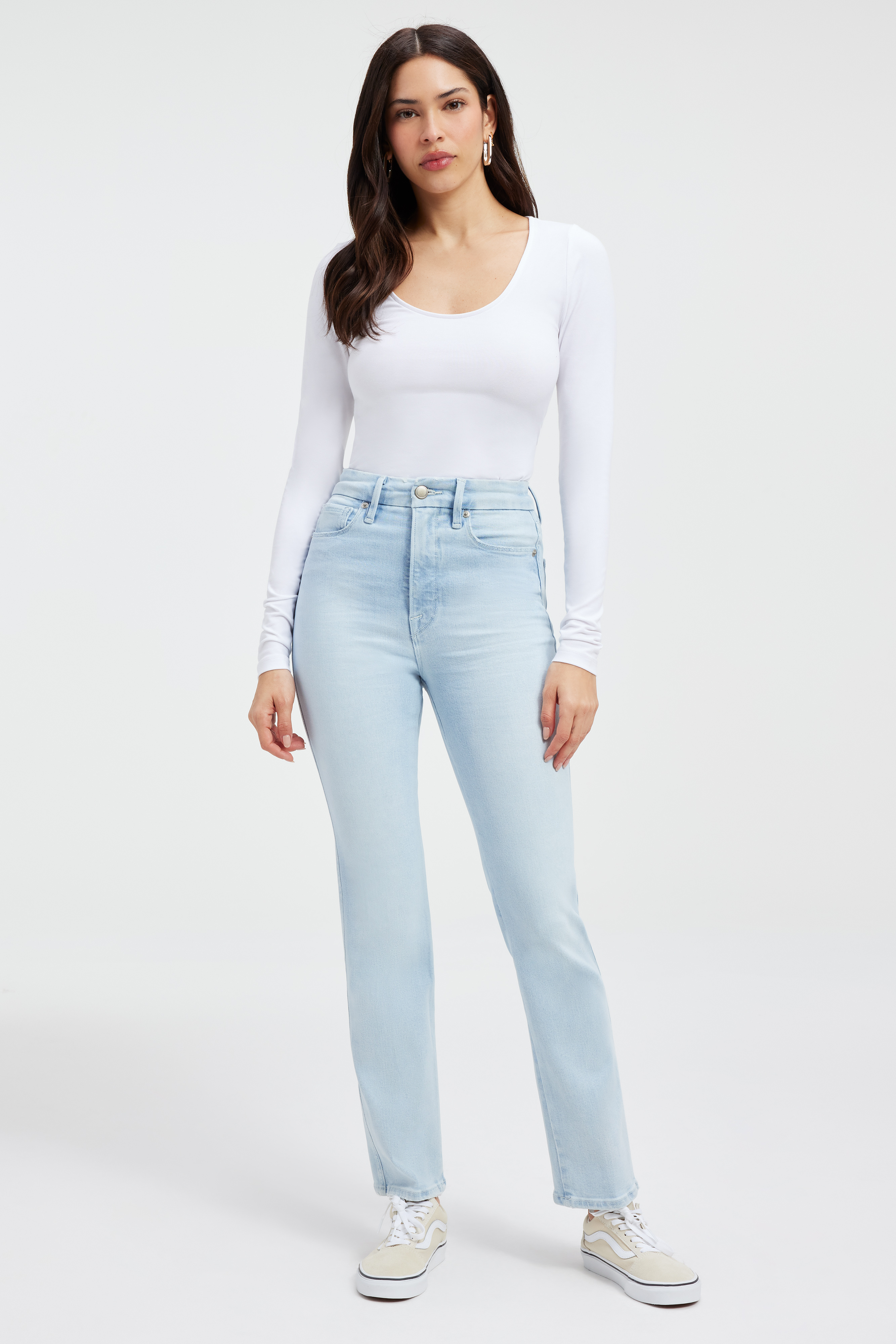 GOOD CURVE STRAIGHT JEANS in INDIGO391 styled with our SUPER STRETCH LONG SLEEVE in WHITE001, SUPER STRETCH BABY TEE in WHITE001,