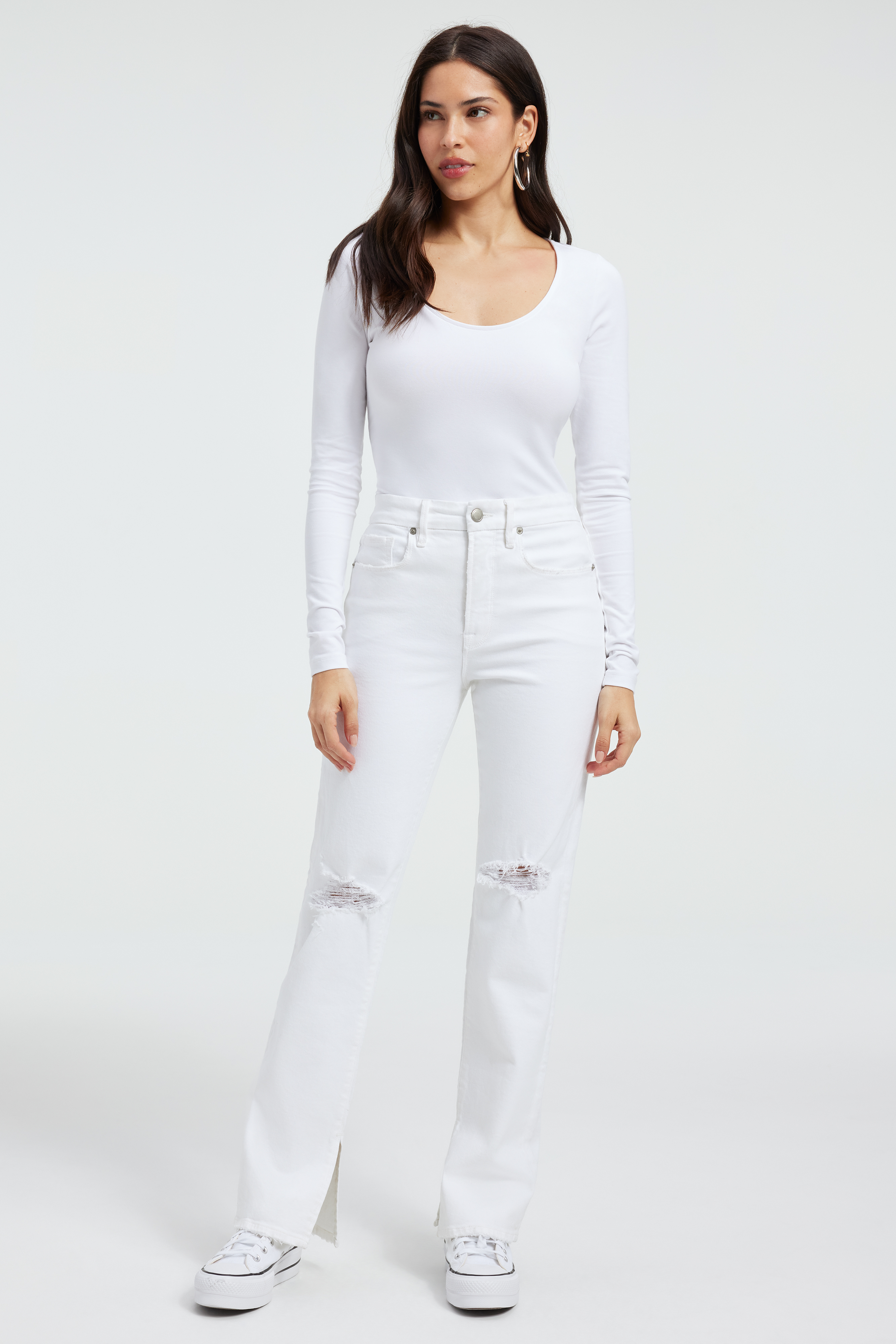 GOOD BOY JEANS in WHITE001 styled with our SUPER STRETCH LONG SLEEVE in WHITE001, SUPER STRETCH BABY TEE in WHITE001, or SCOOP NECK BODYSUIT in IVORY001