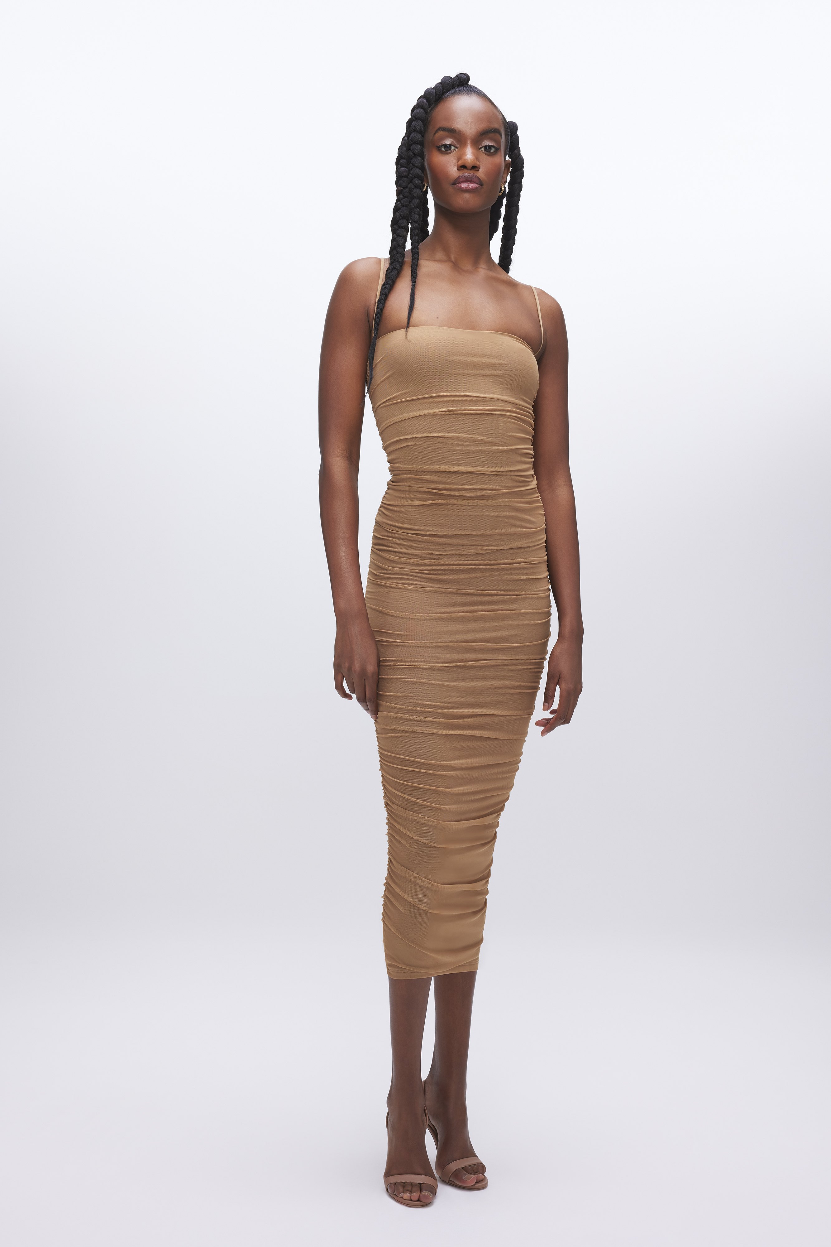 Styled with RUCHED MESH MIDI DRESS | PECAN001
