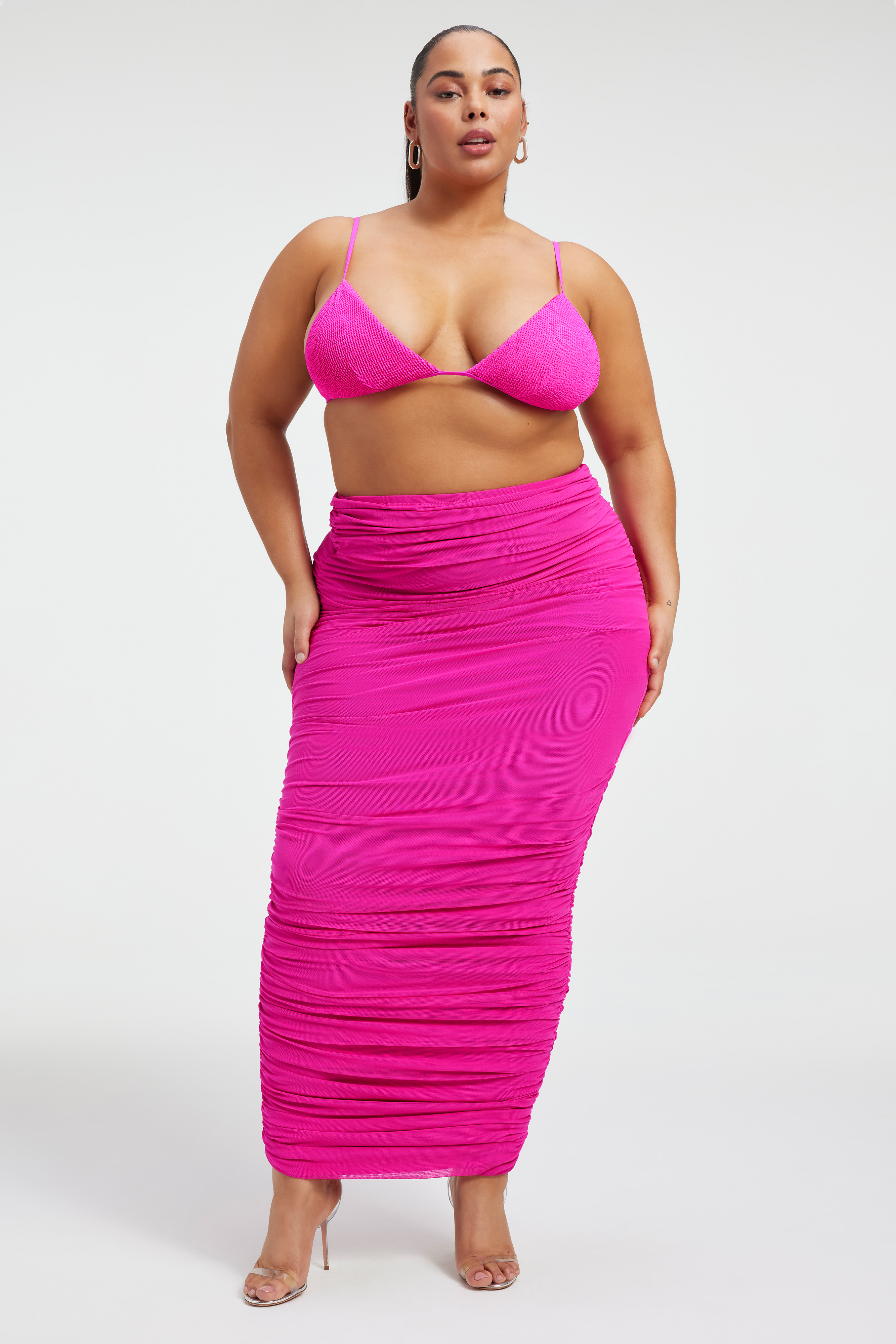 RUCHED MESH MAXI SKIRT in FUCHSIA PINK001 styled with our ALWAYS FITS PERFECT FIT BIKINI TOP in HAWAIIAN PINK 001, ALWAYS FITS BETTER BAND BIKINI TOP in HAWAIIAN PINK001, or ALWAYS FITS PLISSÉ SCULPTED TOP in FUCHSIA PINK001