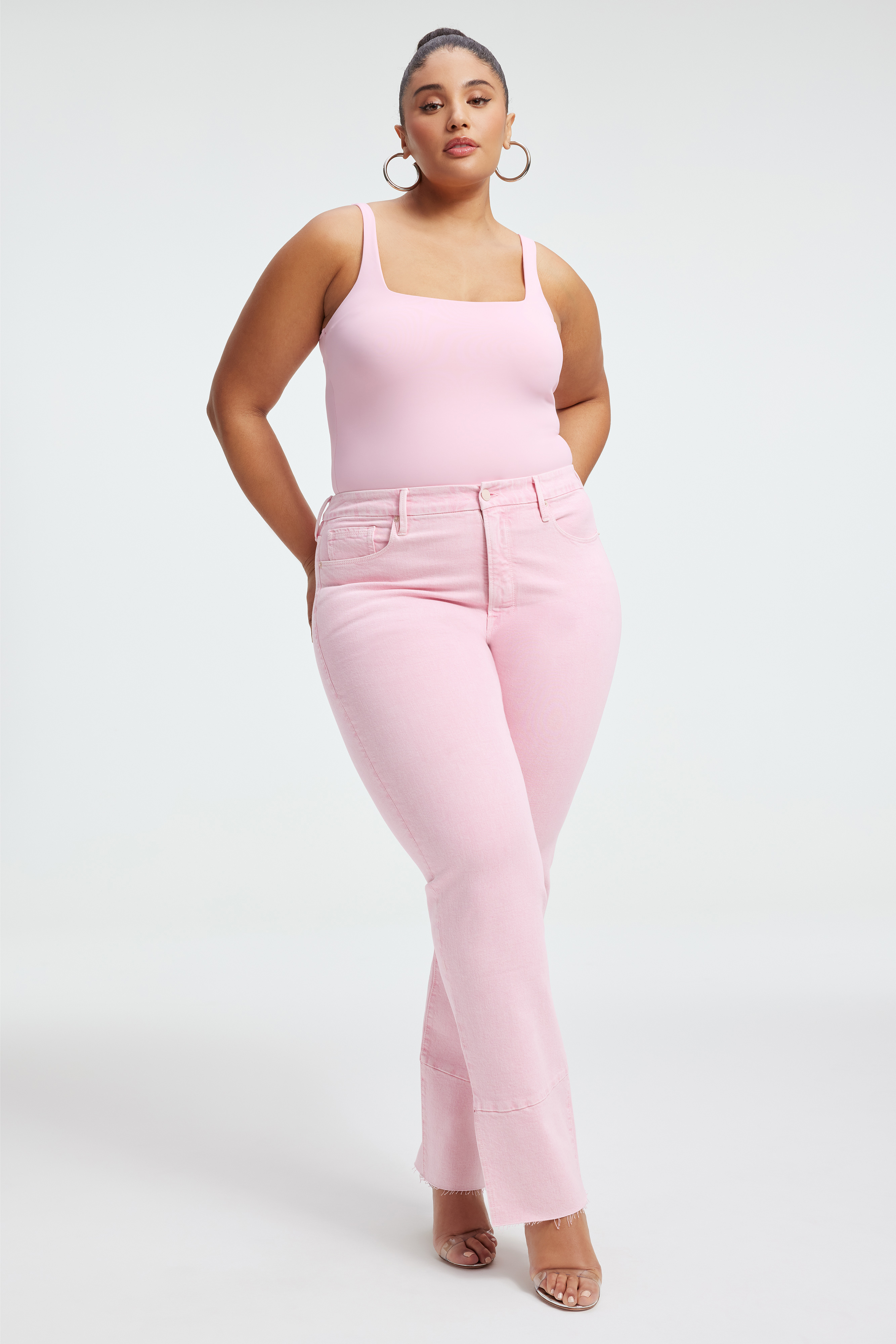 GOOD BOY STRAIGHT JEANS in MINERALROSEQUARTZ001 styled with our SCUBA MODERN TANK BODYSUIT in ROSEQUARTZ001, CRYSTAL GOOD SHIRT in ROSEQUARTZ001, or DISTRESSED OXFORD CROPPED SHIRT in ROSEQUARTZ001