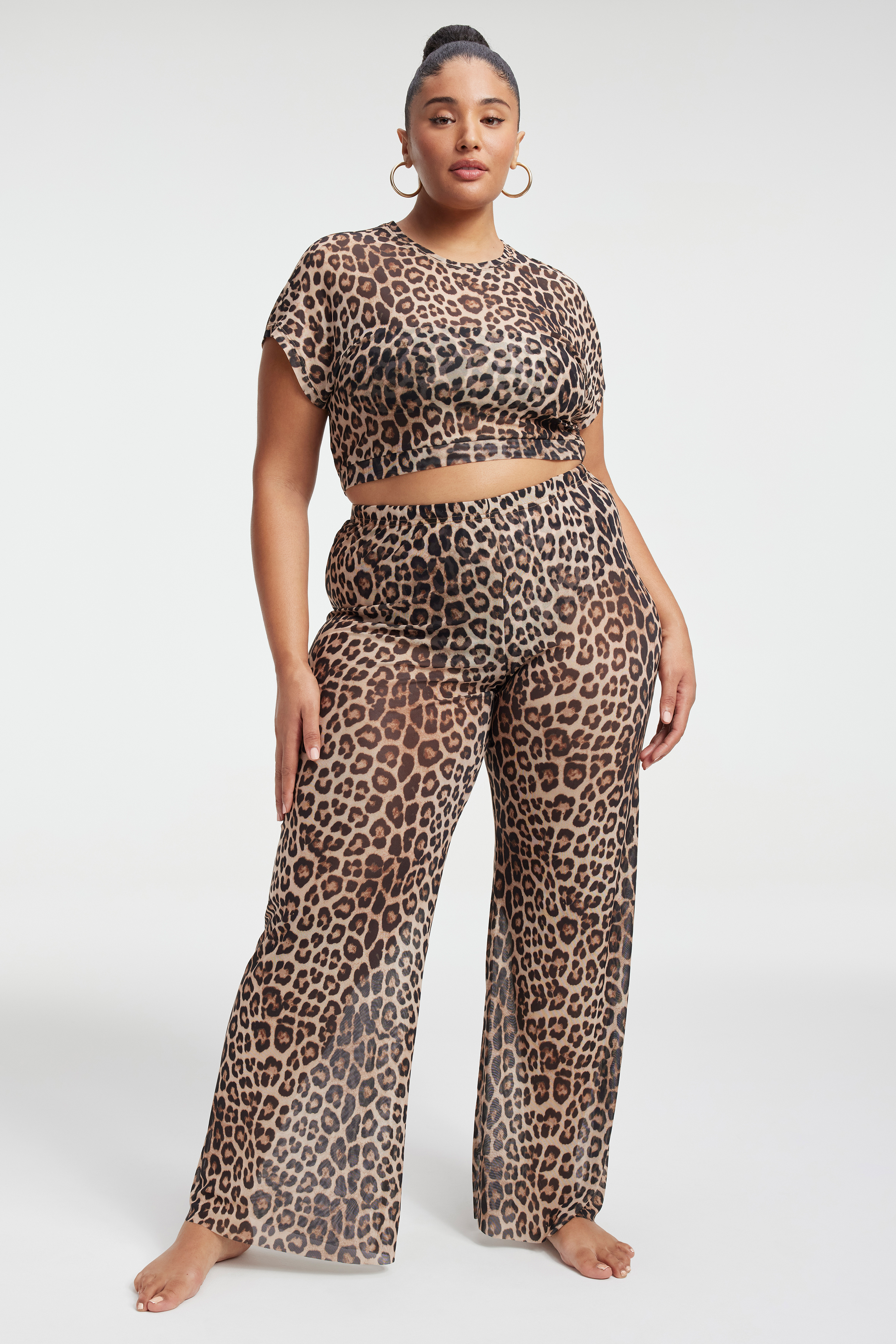 MESH WIDE PANTS in GOOD LEOPARD003 styled with our MESH CROP TEE in GOOD LEOPARD003, DEEP SCOOP BIKINI TOP in GOOD LEOPARD003, or PERFECT FIT BIKINI BOTTOM in GOOD LEOPARD003