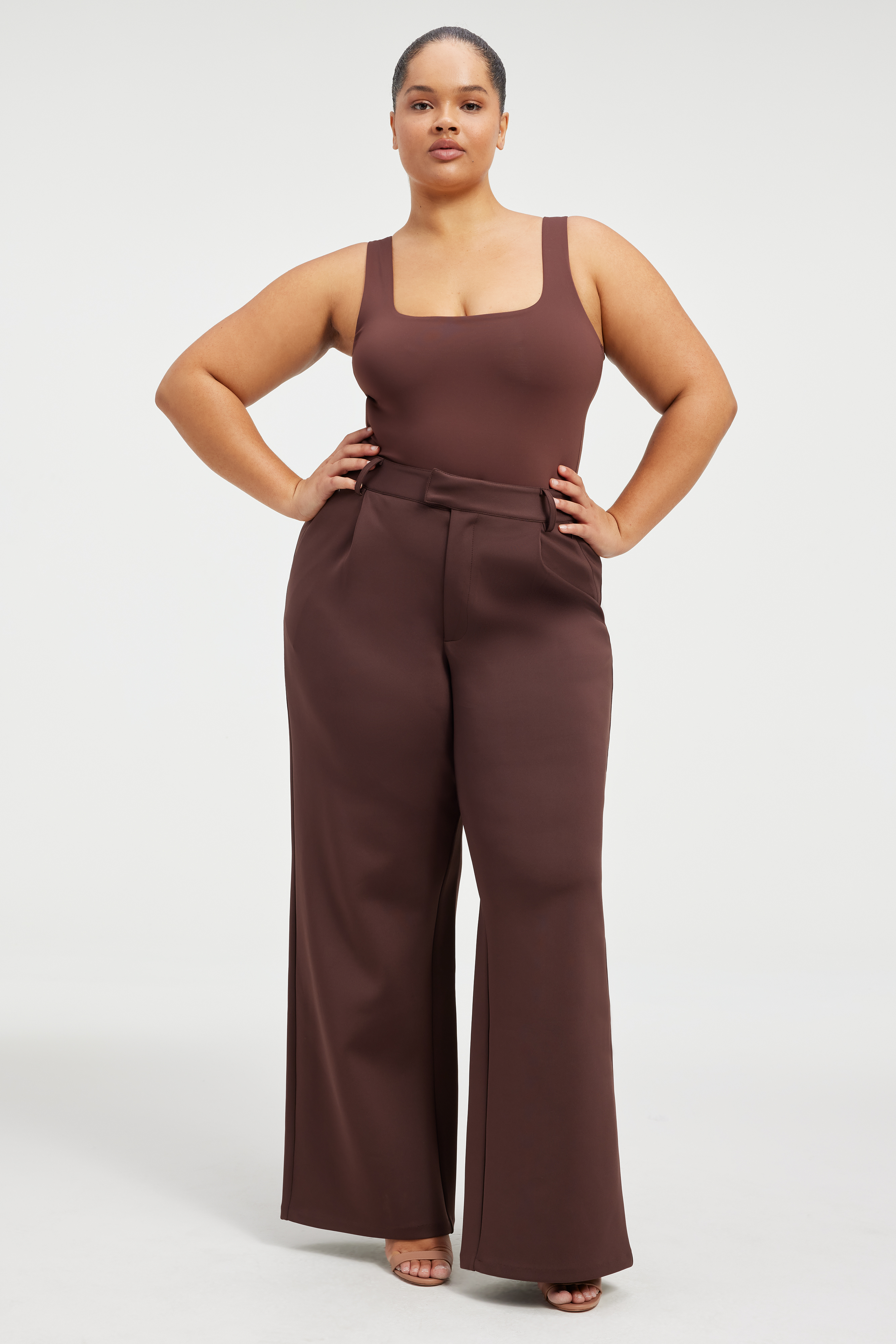 SCUBA TROUSERS in DARK COCOA styled with our SCUBA MODERN TANK BODYSUIT in DARK COCOA, or COMPRESSION SHINE SCULPTED BLAZER in DARK COCOA