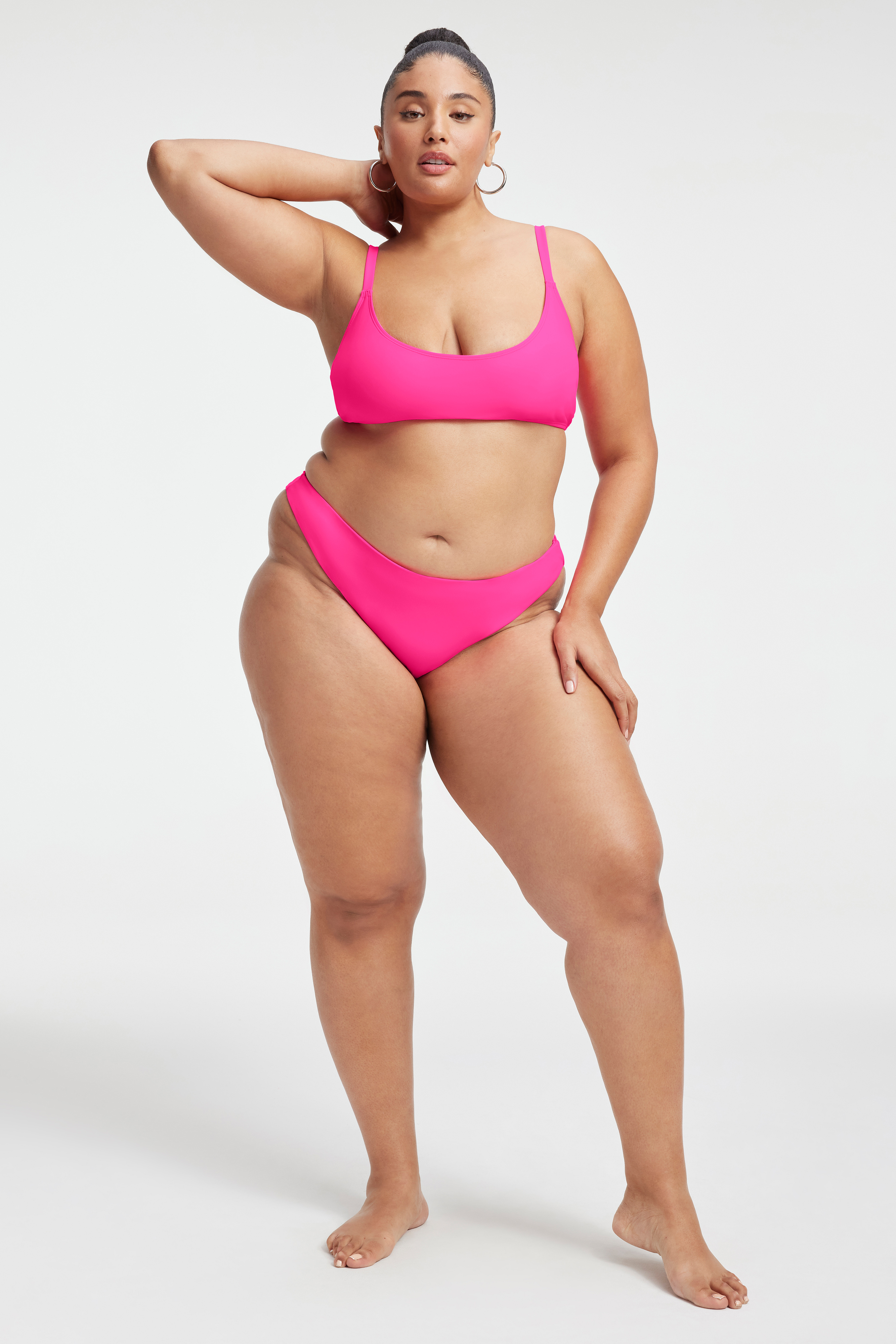 DEEP SCOOP BIKINI TOP in KNOCKOUTPINK001 styled with our DEEP SCOOP BIKINI TOP in KNOCKOUTPINK001, BETTER BIKINI BOTTOM in KNOCKOUTPINK001, or GOOD WAIST CHEEKY BIKINI BOTTOM in KNOCKOUTPINK001