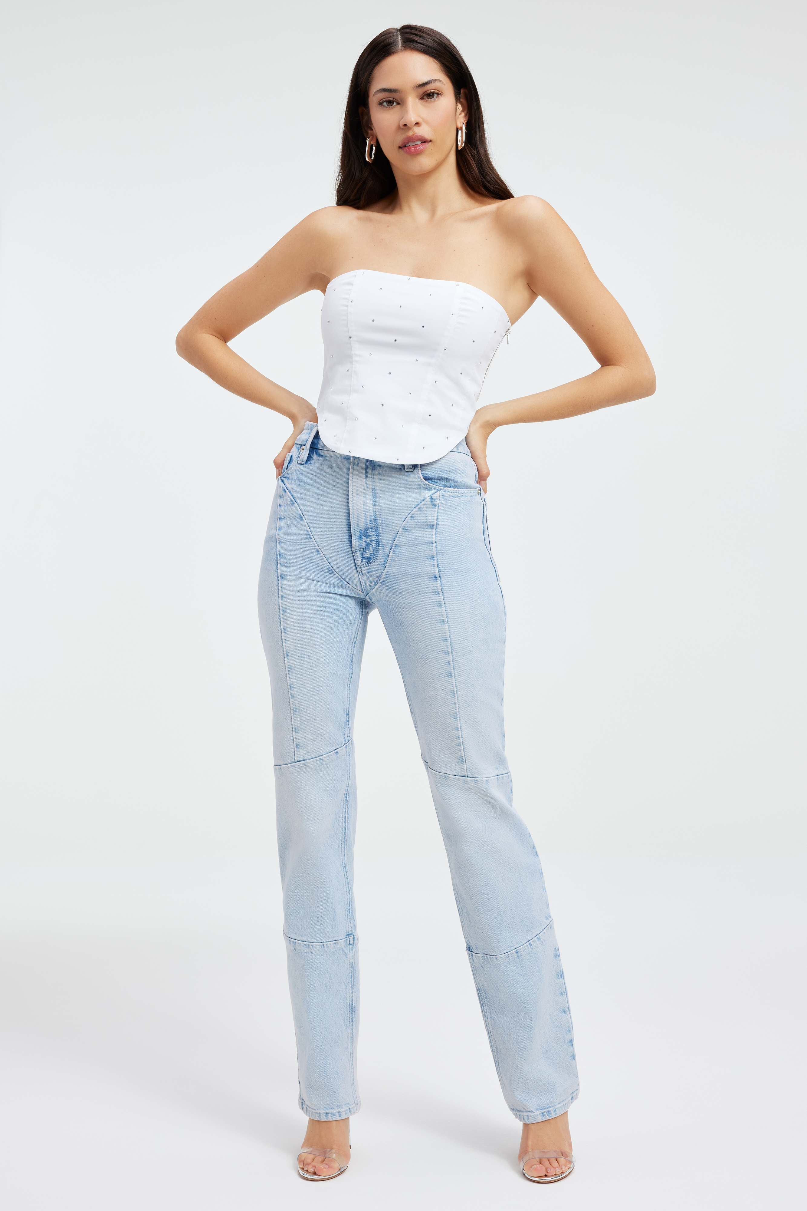 EMBELLISHED POPLIN CORSET in WHITE001 styled with our GOOD BOY JEANS in INDIGO389, GOOD 90s JEANS in MINERALROSEQUARTZ001, or GOOD LEGS CIGARETTE JEANS in MINERALROSEQUARTZ001