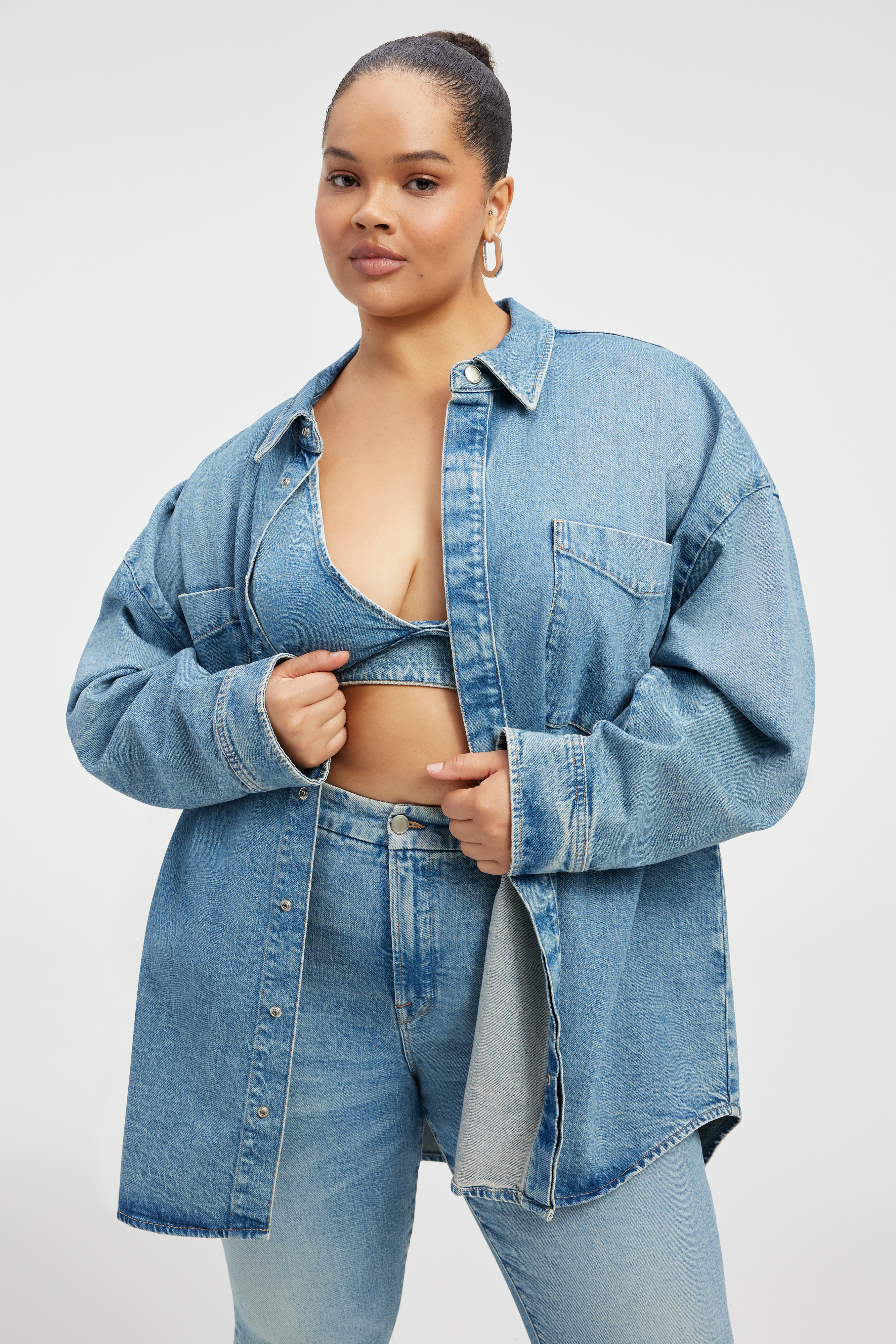 OVERSIZED SHACKET in INDIGO357 styled with our DENIM BRA in INDIGO357, GOOD CLASSIC JEANS in INDIGO357, or MICRO DENIM SHORTS in INDIGO357