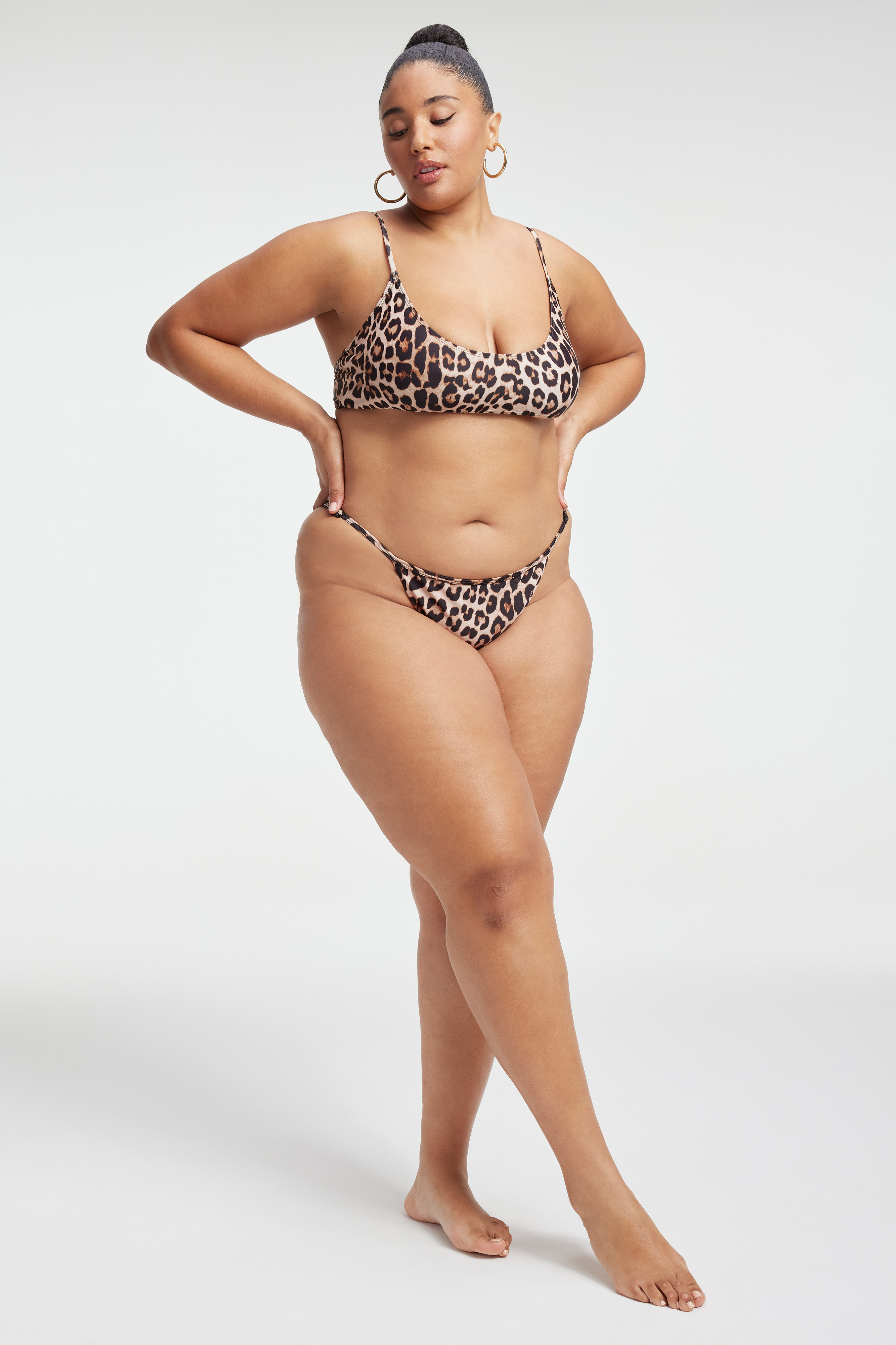 DEEP SCOOP BIKINI TOP in GOOD LEOPARD003 styled with our PERFECT FIT BIKINI BOTTOM in GOOD LEOPARD003, MESH TWIST MINI SARONG in GOOD LEOPARD003, or MESH WIDE PANTS in GOOD LEOPARD003