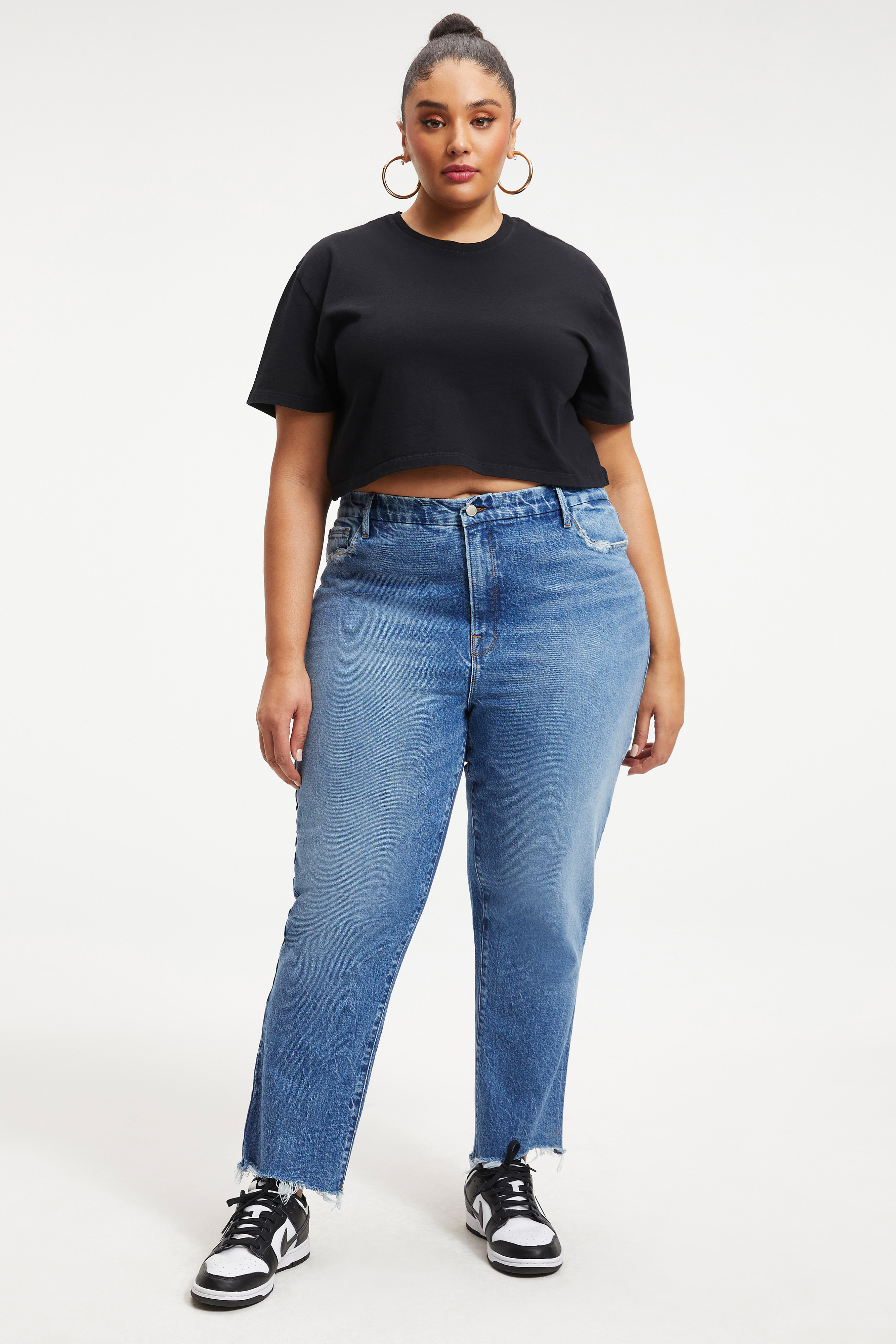 COTTON CROPPED TEE in BLACK001 styled with our GOOD ICON JEANS in INDIGO344, GOOD CURVE STRAIGHT JEANS in INDIGO264, or GOOD CURVE STRAIGHT CASHMERE JEANS in INDIGO329