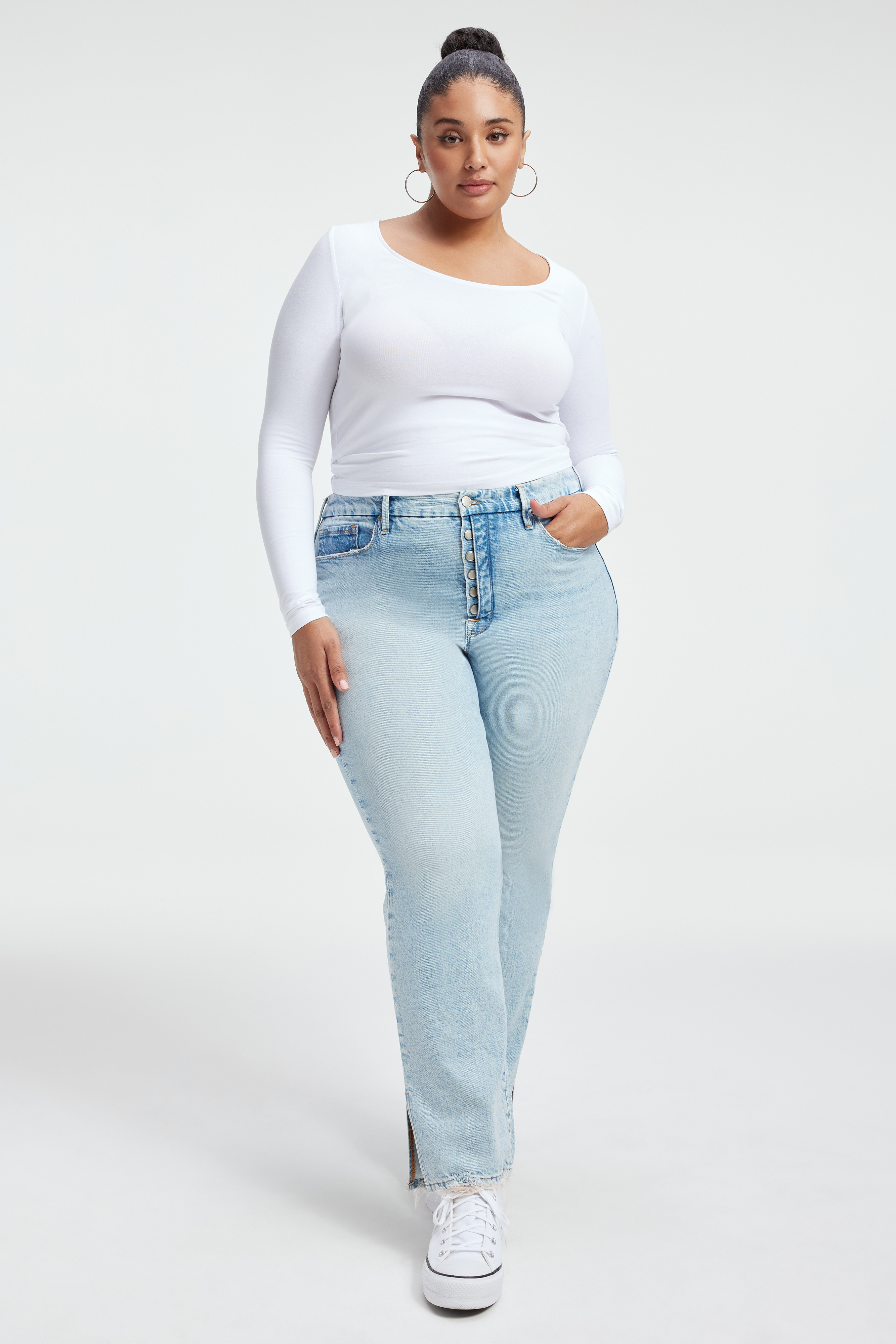 SUPER STRETCH BABY TEE in WHITE001 styled with our GOOD BOY JEANS in INDIGO340, GOOD CLASSIC LIGHT COMPRESSION JEANS in INDIGO221, or GOOD GIRLFRIEND PETITE JEANS in INDIGO341