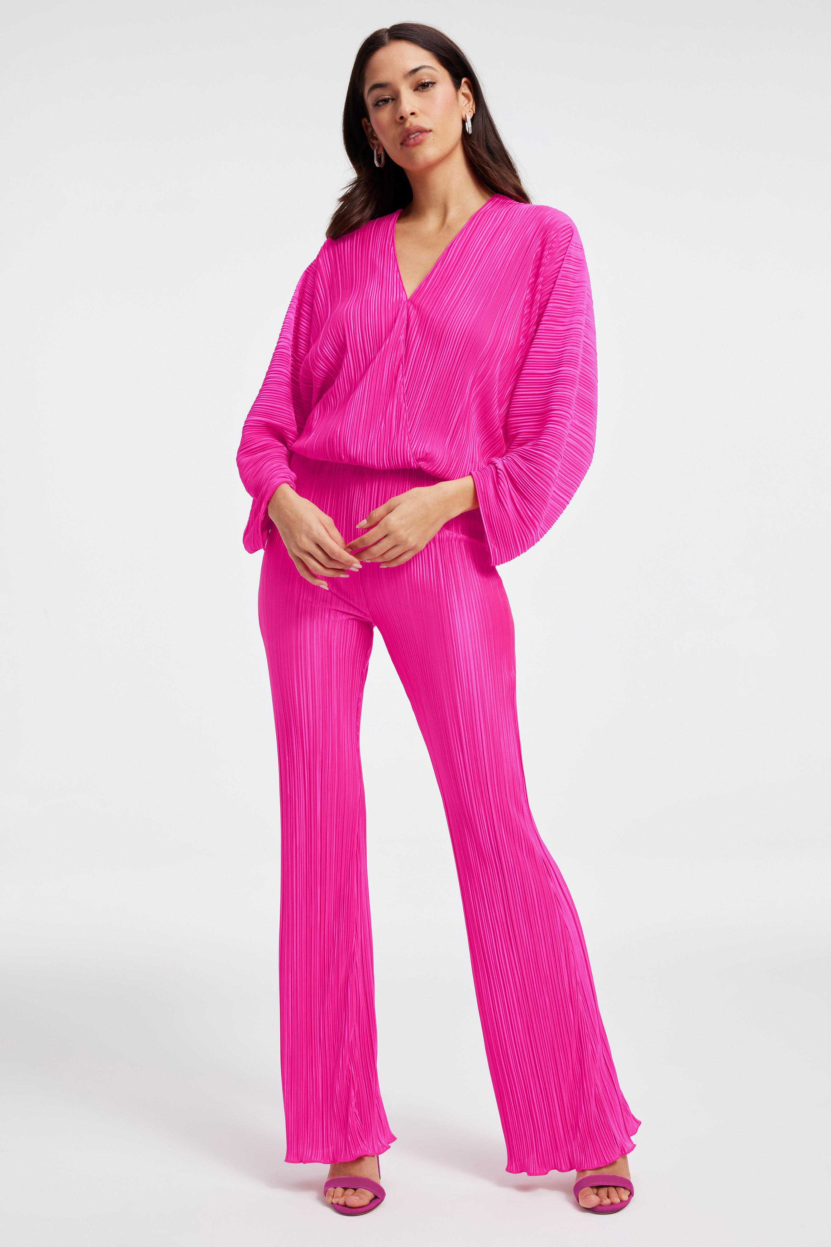 ALWAYS FITS PLISSÉ PANTS in FUCHSIA PINK001 styled with our ALWAYS FITS PLISSÉ SCULPTED TOP in FUCHSIA PINK001, or SCUBA MODERN TANK BODYSUIT in ROSEQUARTZ001