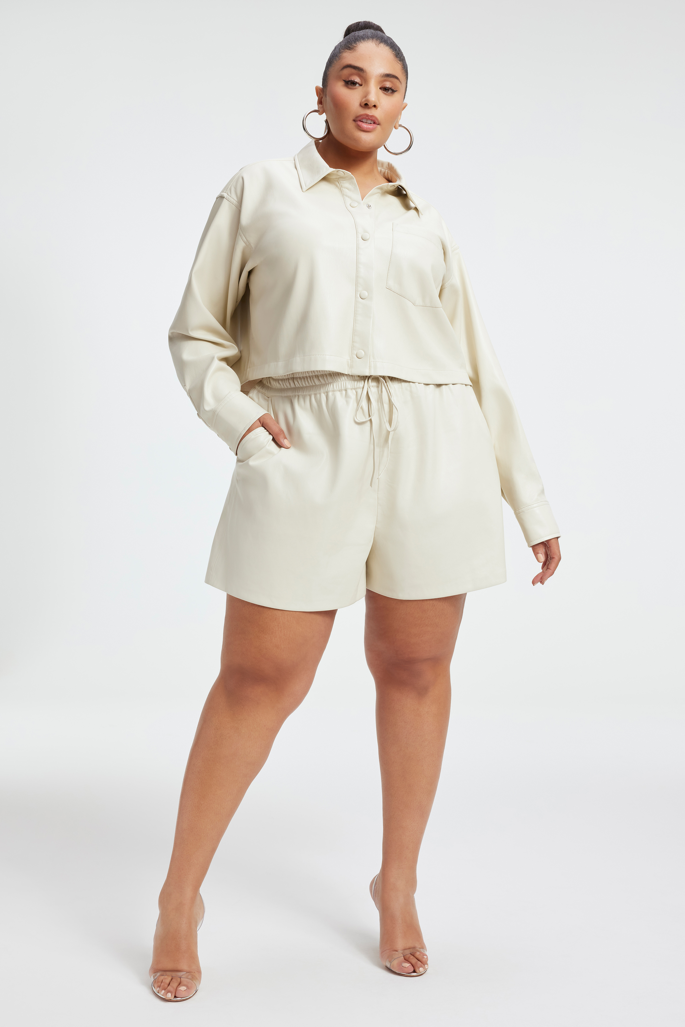 FAUX LEATHER CROPPED SHIRT in BONE001 styled with our GOOD ICON FAUX LEATHER PANTS in BONE001, WOVEN TROUSER 2.0 in BONE001, or ALWAYS FITS GOOD CLASSIC in BLUE822