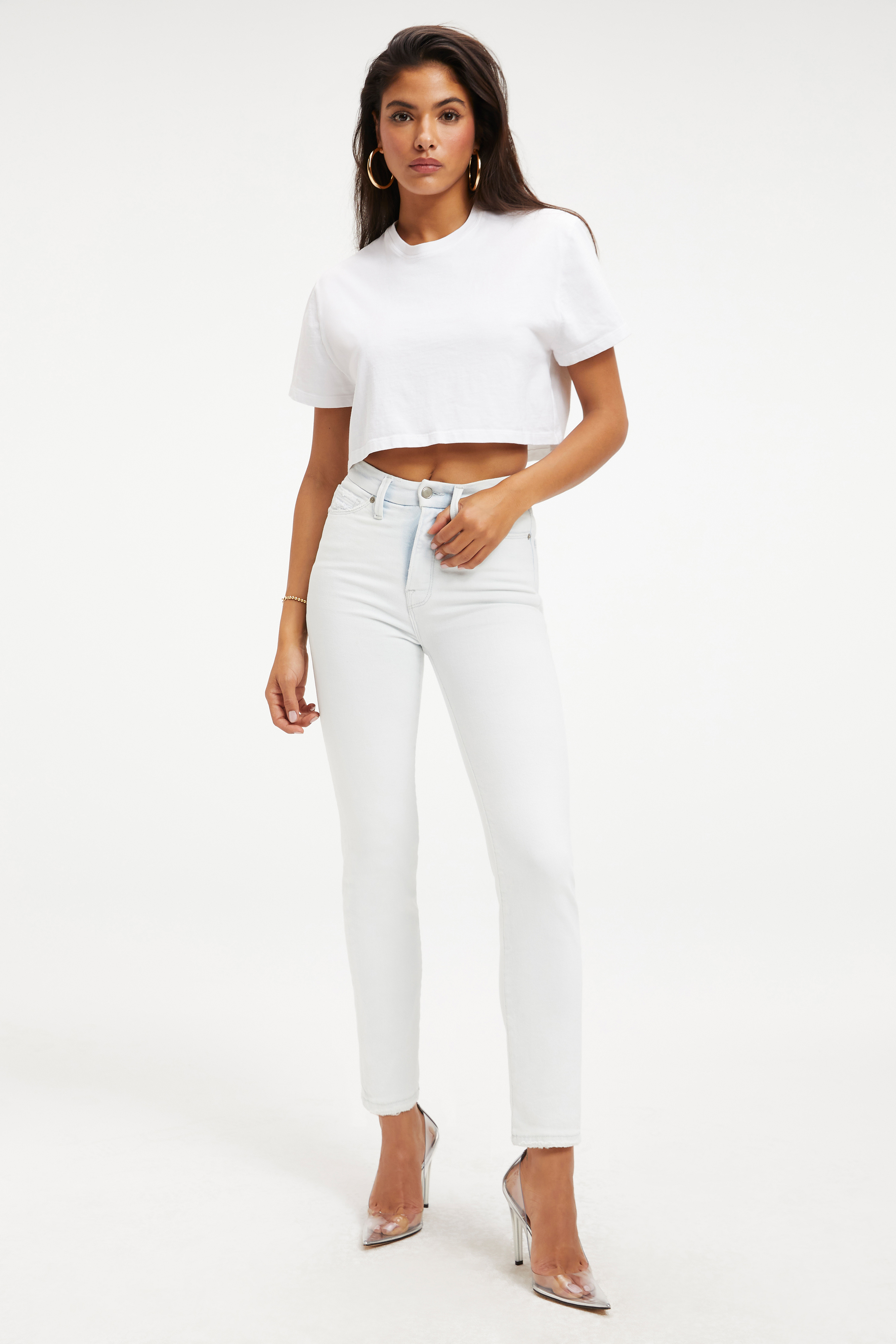 COTTON CROPPED TEE in WHITE001 styled with our GOOD CURVE STRAIGHT CASHMERE JEANS in INDIGO329, GOOD LEGS STRAIGHT JEANS in BLUE224, or GOOD CLASSIC BOOTCUT JEANS in INDIGO412