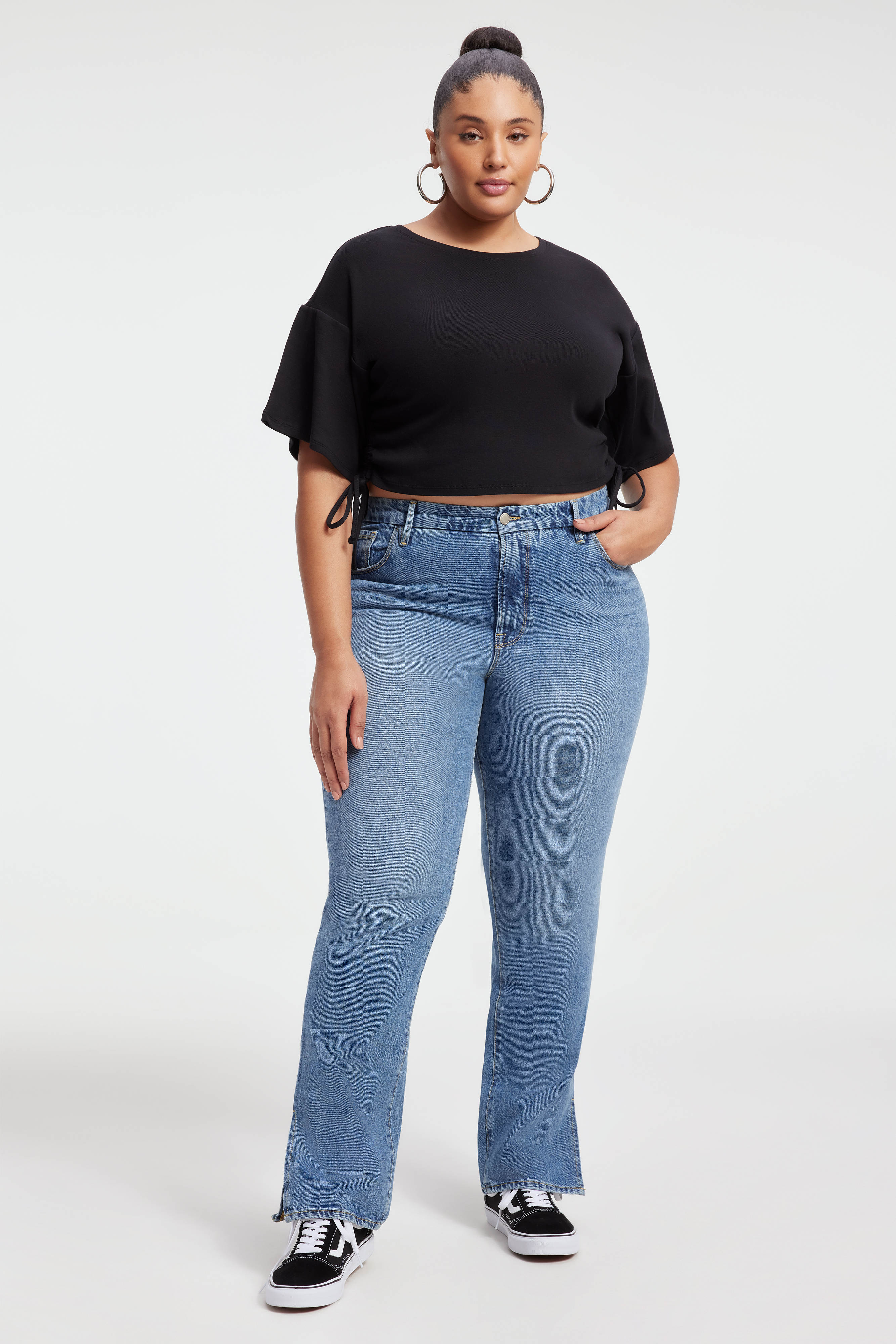 RUCHED COTTON RIB T-SHIRT in BLACK001 styled with our GOOD BOY JEANS in INDIGO382, GOOD ICON JEANS in INDIGO481, or GOOD BOY JEANS in BLACK220