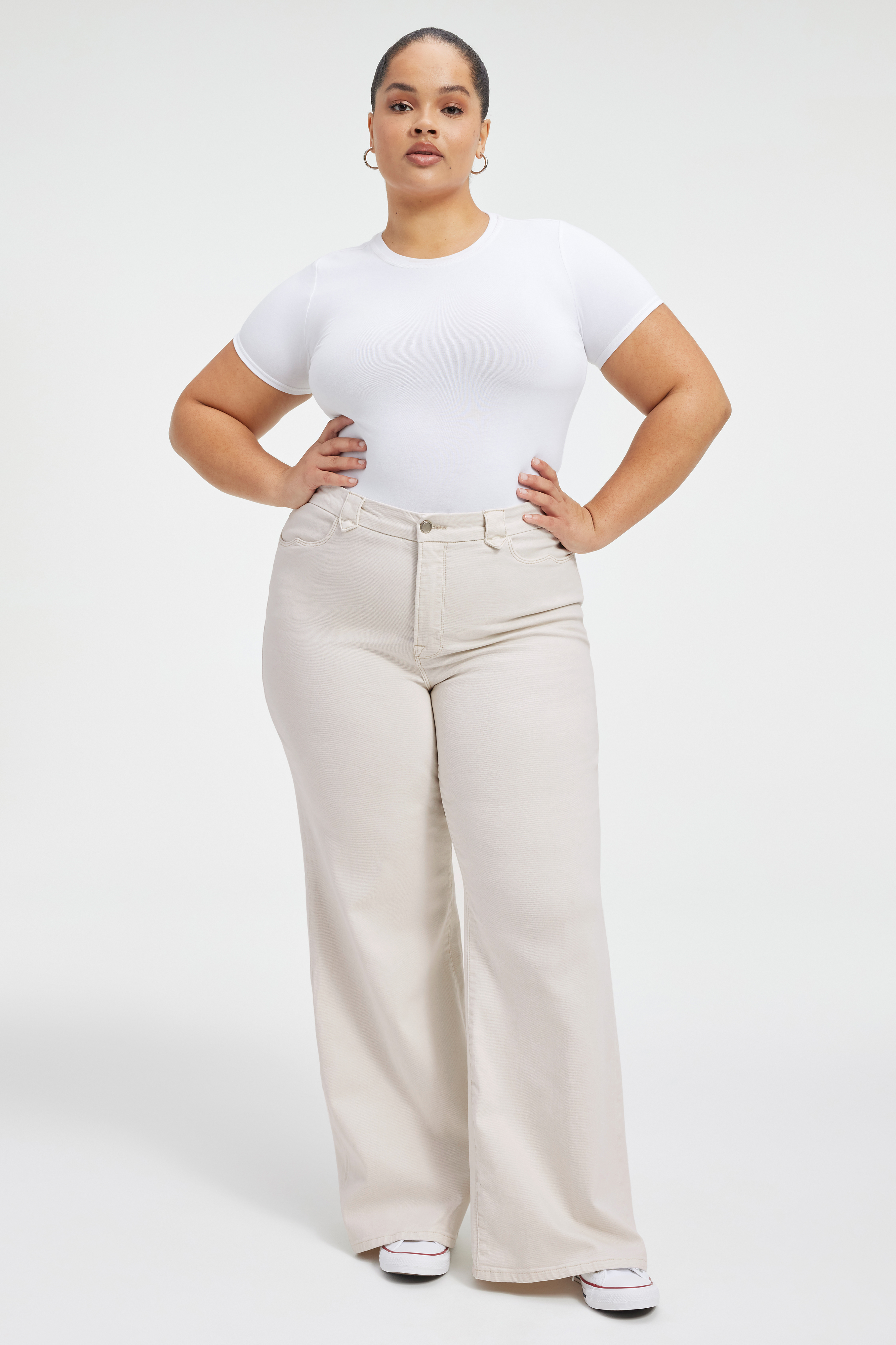 GOOD WAIST PALAZZO JEANS in BONE001 styled with our SUPER STRETCH BABY TEE in WHITE001, SUPER STRETCH LONG SLEEVE in WHITE001, or MICRO RIB TANK TOP in WHITE001