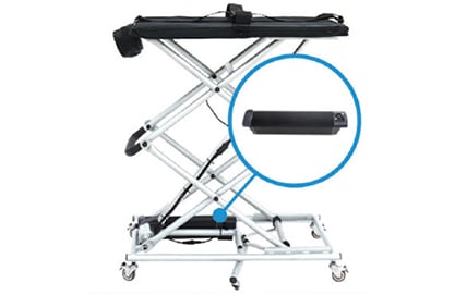 The So Lite Portable Lift by Journey Health & Lifestyle features locking caster wheels and a padded top, with a close-up view of the control panel. Its robust metallic frame offers both mobility and stability for versatile use.