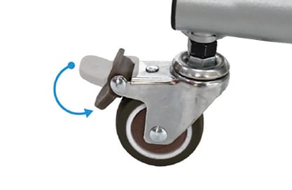 A close-up of a metal locking caster wheel on the So Lite Portable Lift by Journey Health & Lifestyle, showing a blue arrow that indicates how to engage or disengage the lock—the perfect solution for ensuring stability in portable lifts.