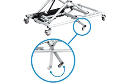 A close-up of a specific joint and connector in the So Lite Portable Lift by Journey Health & Lifestyle is displayed in a magnified circle, showcasing the design details of its metal frame structure with locking caster wheels.