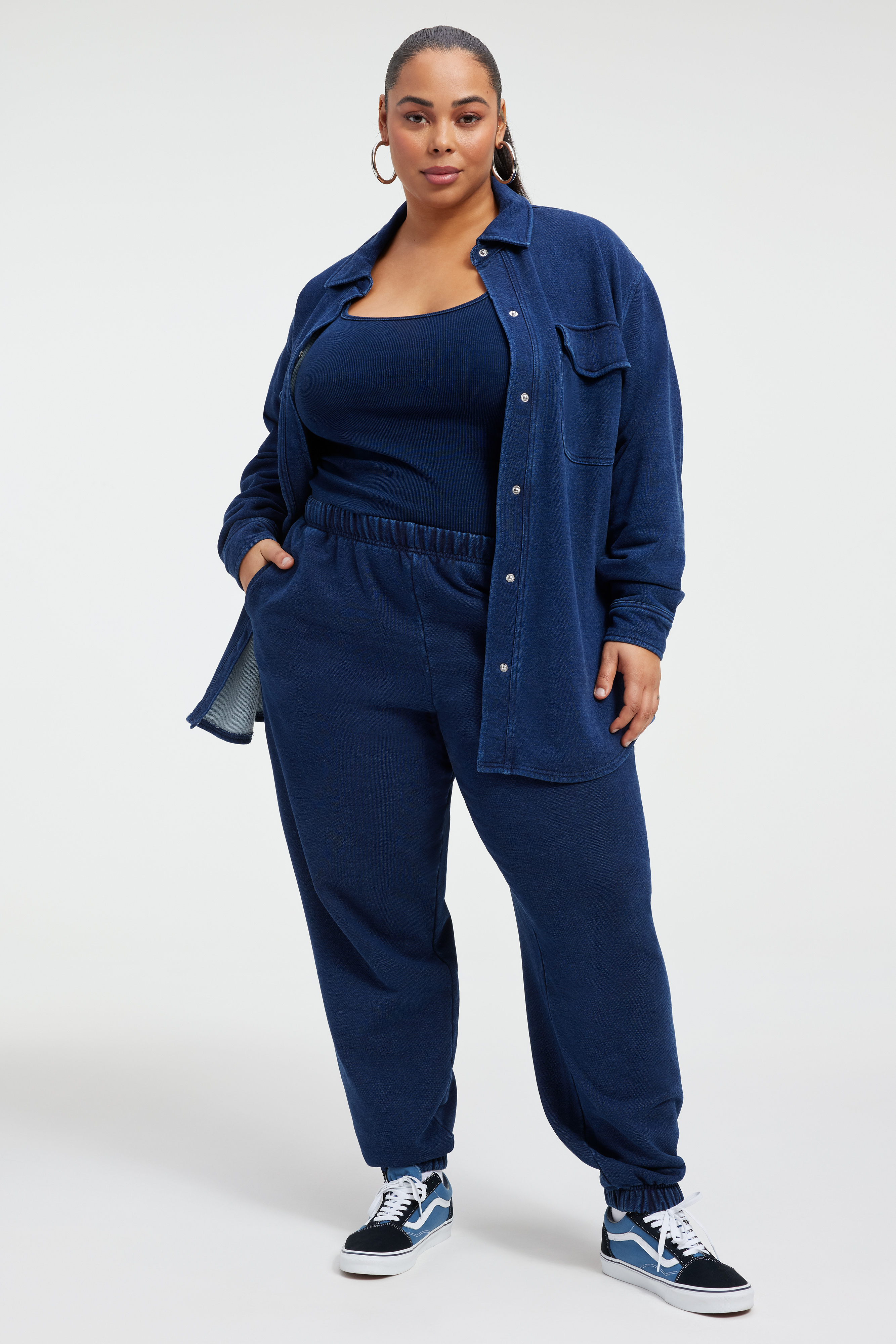 JEANIUS RIBBED TANK in INDIGO377 styled with our JEANIUS TERRY SHACKET in INDIGO377, or JEANIUS WIDE LEG SWEATPANTS in INDIGO377