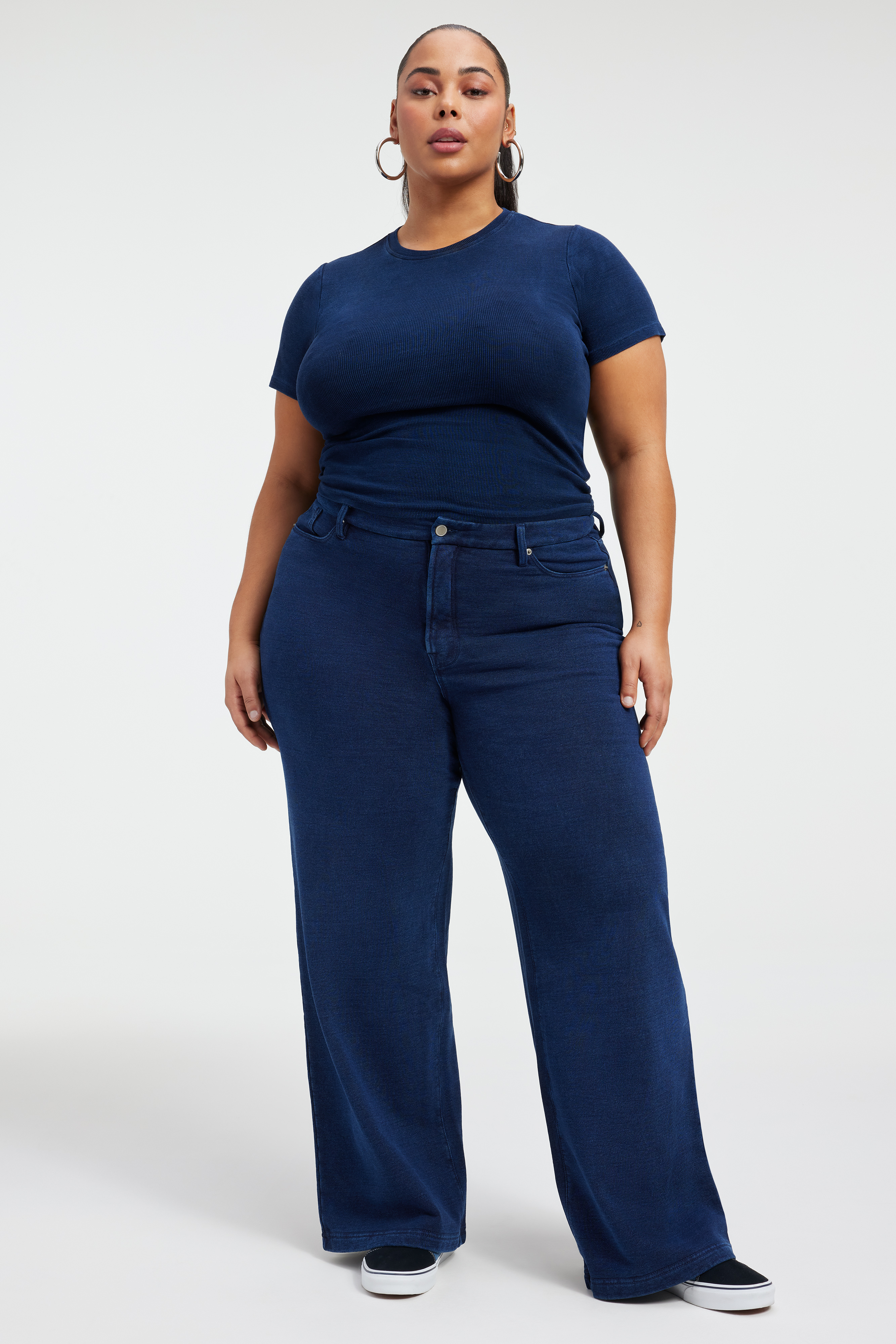 JEANIUS FITTED TEE in INDIGO377 styled with our JEANIUS SWEATPANTS in INDIGO377, JEANIUS WIDE LEG SWEATPANTS in INDIGO377, or JEANIUS GOOD SKATE SWEATPANTS in INDIGO377