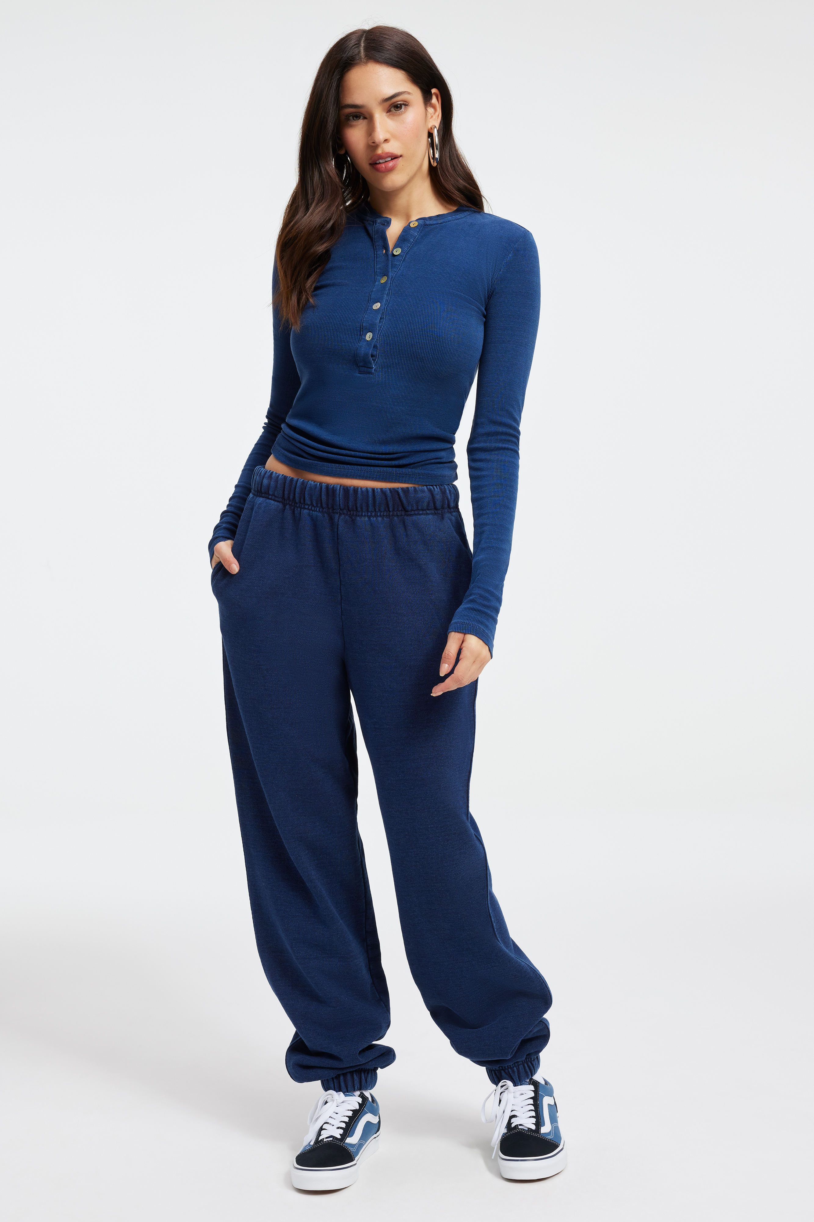 JEANIUS SWEATPANTS in INDIGO377 styled with our JEANIUS FITTED HENLEY in INDIGO377, JEANIUS FITTED TEE in INDIGO377, or JEANIUS TERRY SHACKET in INDIGO377