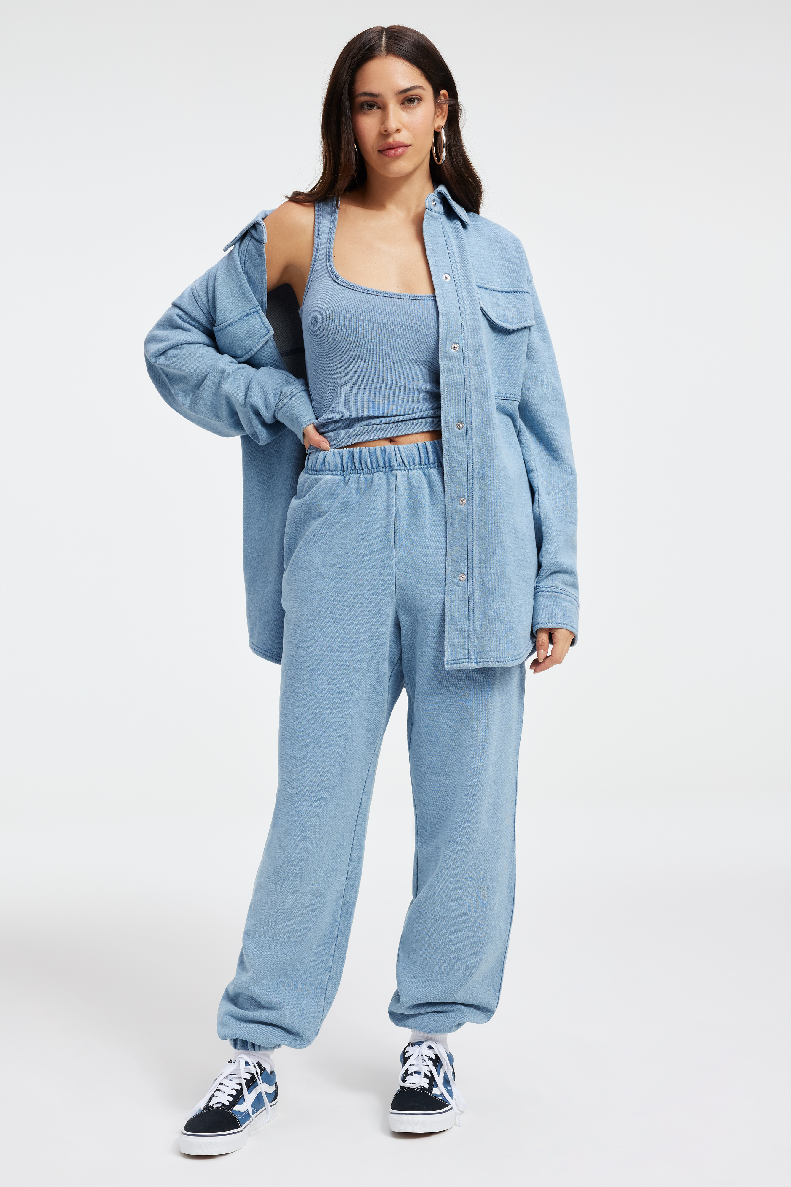 JEANIUS TERRY SHACKET in INDIGO376 styled with our JEANIUS RIBBED TANK in INDIGO376, JEANIUS FITTED TEE in INDIGO376, or JEANIUS SWEATPANTS in INDIGO376
