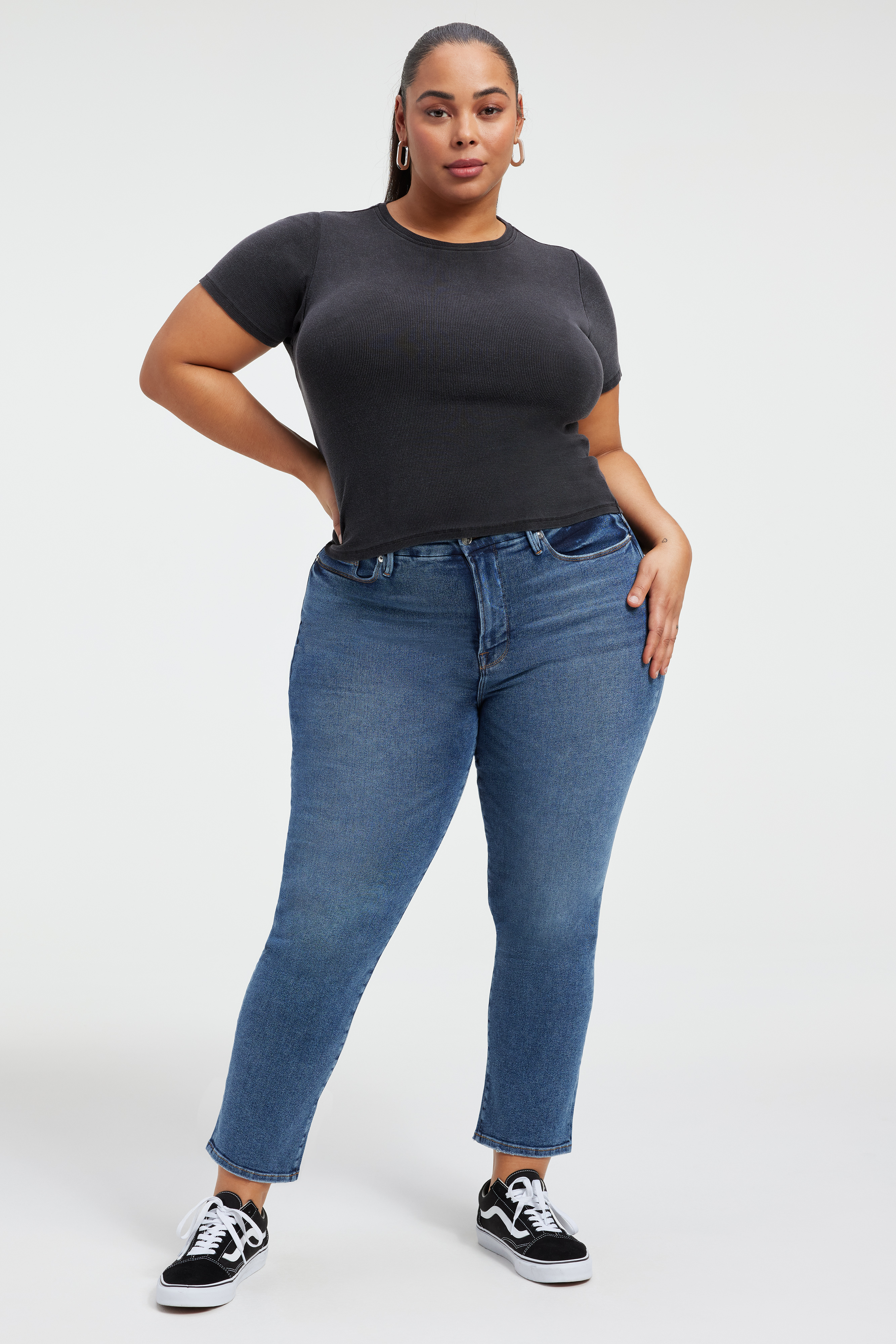 JEANIUS FITTED TEE in BLACK378 styled with our GOOD LEGS STRAIGHT JEANS in INDIGO478, POWER STRETCH PULL-ON FLARE JEANS in INDIGO491, or GOOD CLASSIC SLIM STRAIGHT JEANS in BLACK219