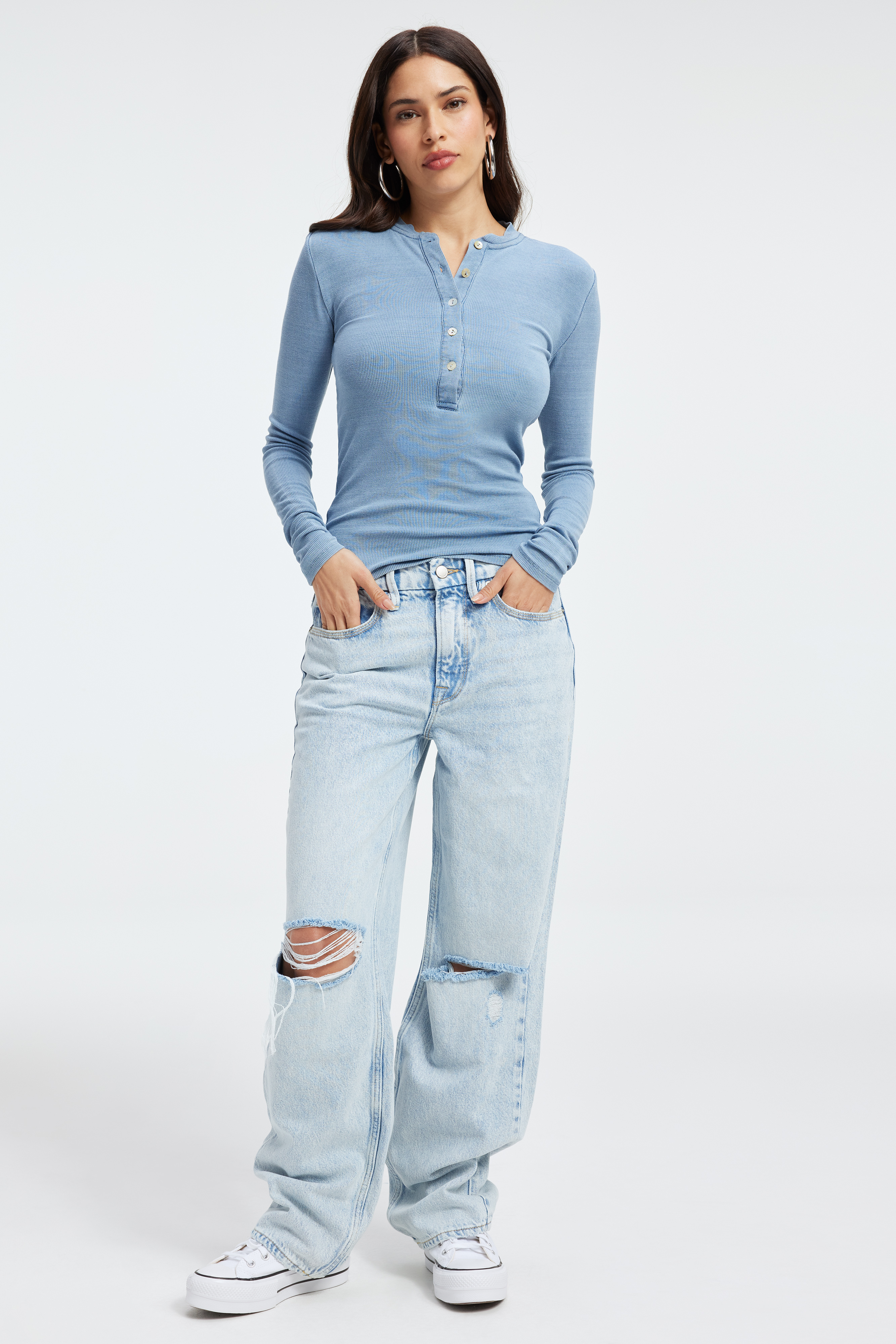 JEANIUS FITTED HENLEY in INDIGO376 styled with our GOOD '90s LOOSE JEANS in BLUE725, JEANIUS WIDE LEG SWEATPANTS in INDIGO376, or JEANIUS SWEATPANTS in INDIGO376