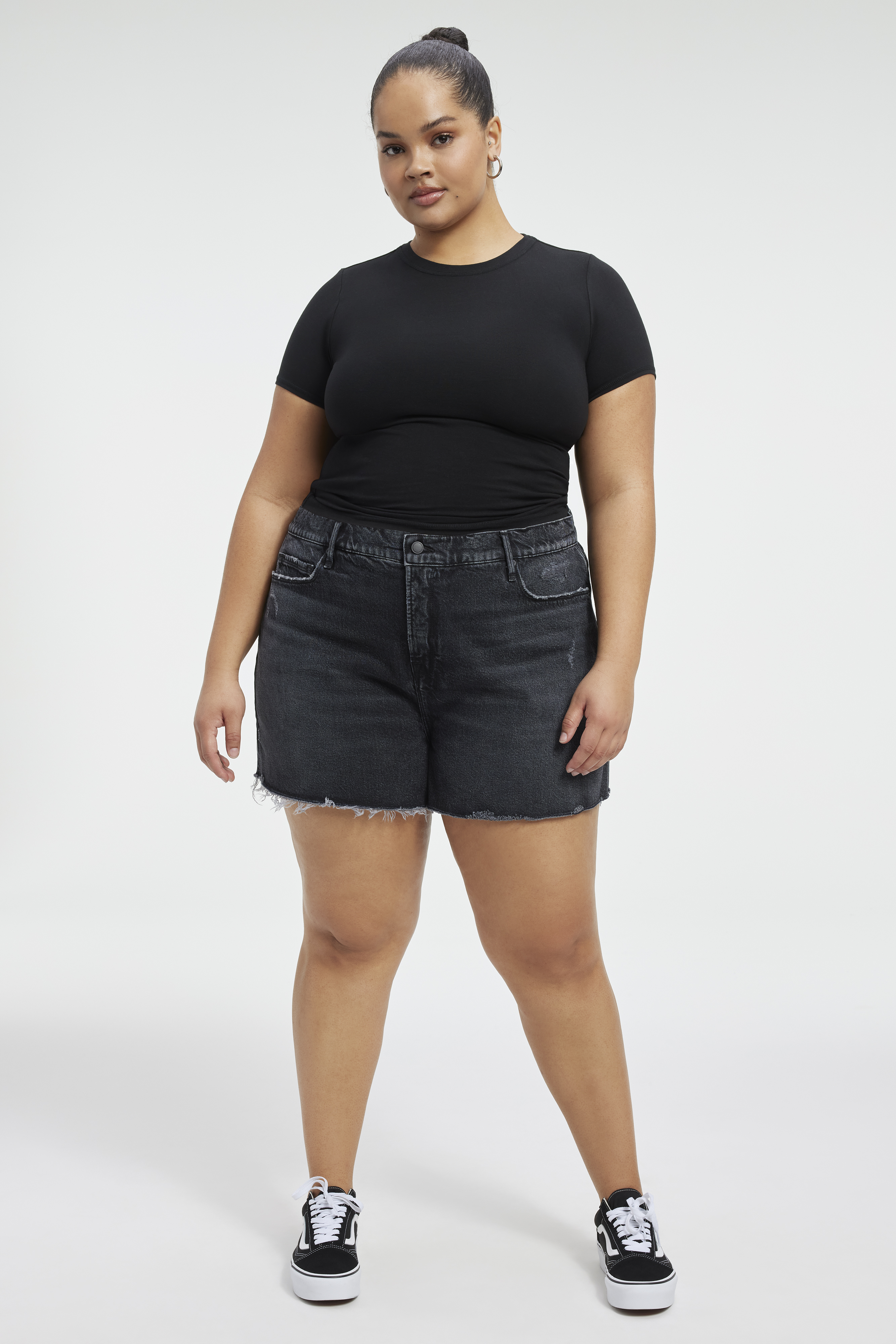 GOOD '90s SHORTS in BLACK251 styled with our SUPER STRETCH BABY TEE in BLACK001, SUPER STRETCH LONG SLEEVE in BLACK001, or COTTON CROPPED LONG SLEEVE in BLACK001