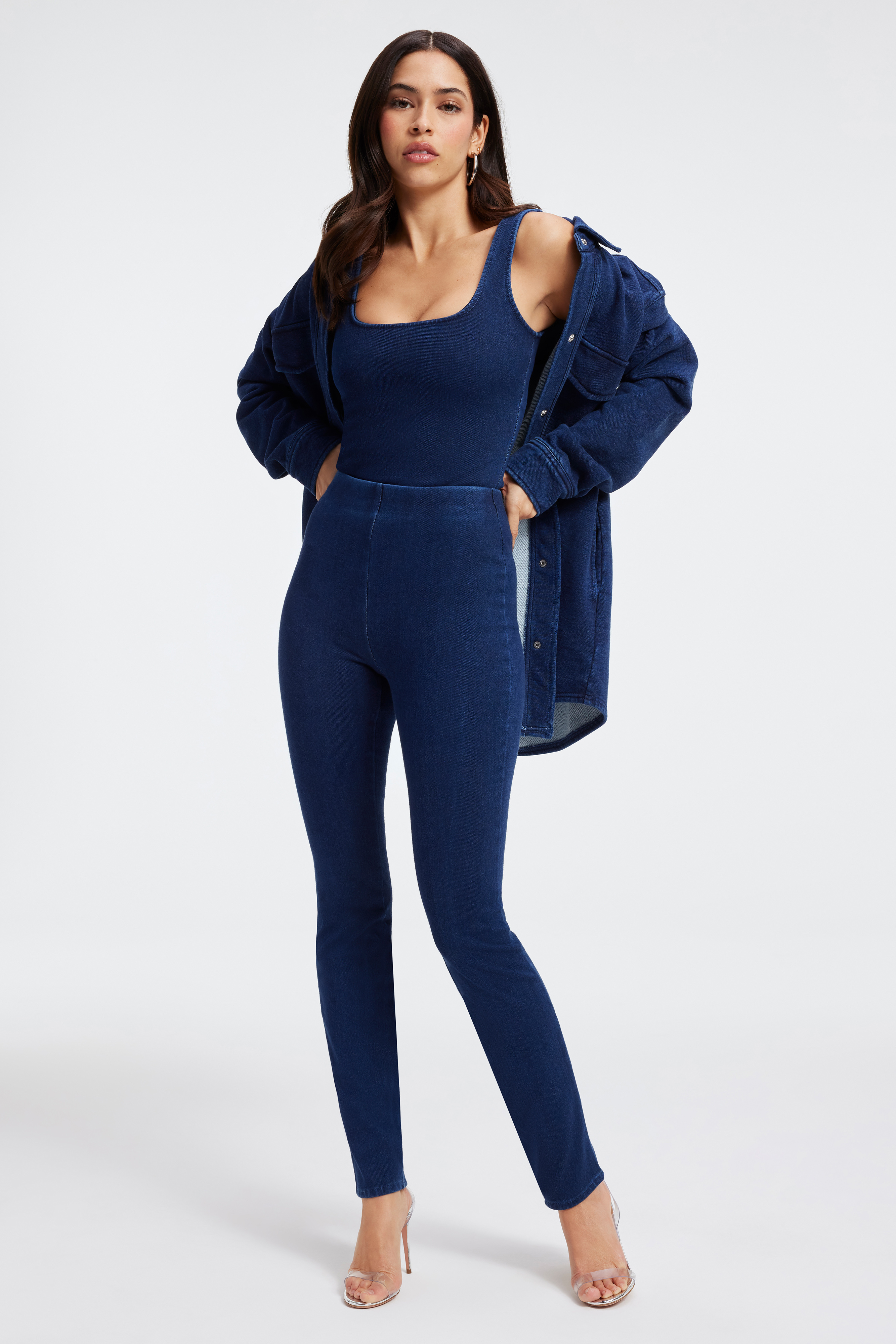 SOFT SCULPT PULL-ON SKINNY JEANS in INDIGO377 styled with our SOFT SCULPT MODERN TANK BODYSUIT in INDIGO377, JEANIUS TERRY SHACKET in INDIGO377, or SOFT SCULPT CORSET TANK in INDIGO377