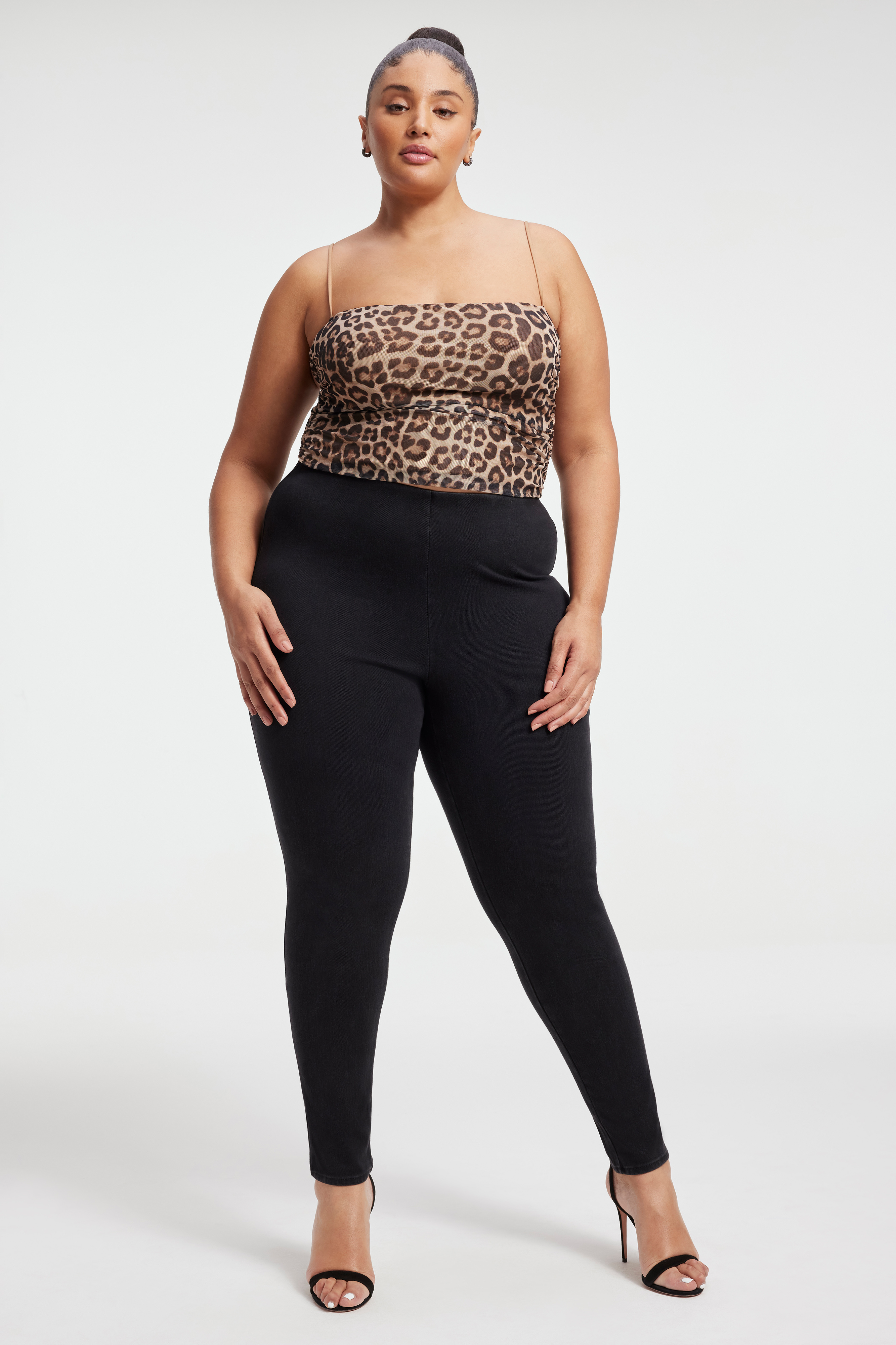 SOFT SCULPT PULL-ON SKINNY JEANS in BLACK378 styled with our MESH CREWNECK BODYSUIT in ROSE CHEETAH001, COTTON CROPPED LONG SLEEVE TEE in BLACK001, or LT WT SCUBA CORSET TEE in BLACK001